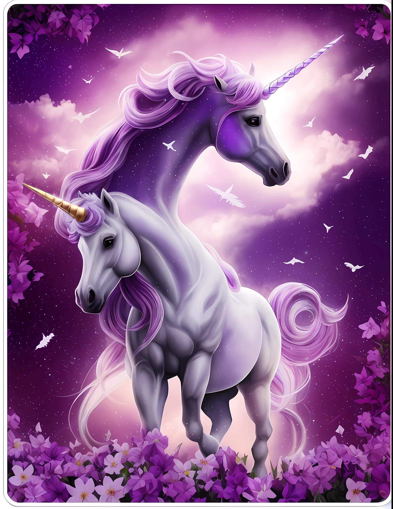 Unicorn in flower field on purple sky background, unicorns, unicorn, unicorn flying in the sky, white unicorn, mythological creatures, A unicorn, magic fantasy highly detailed, mythological creatures, Riding a unicorn, beautiful fantasy, Magical and mysterious, majestic horses, woman riding a flying unicorn, Awesome, Keanu Reeves rides a unicorn, fantasy highly detailed, ( Ultra photo realsisim