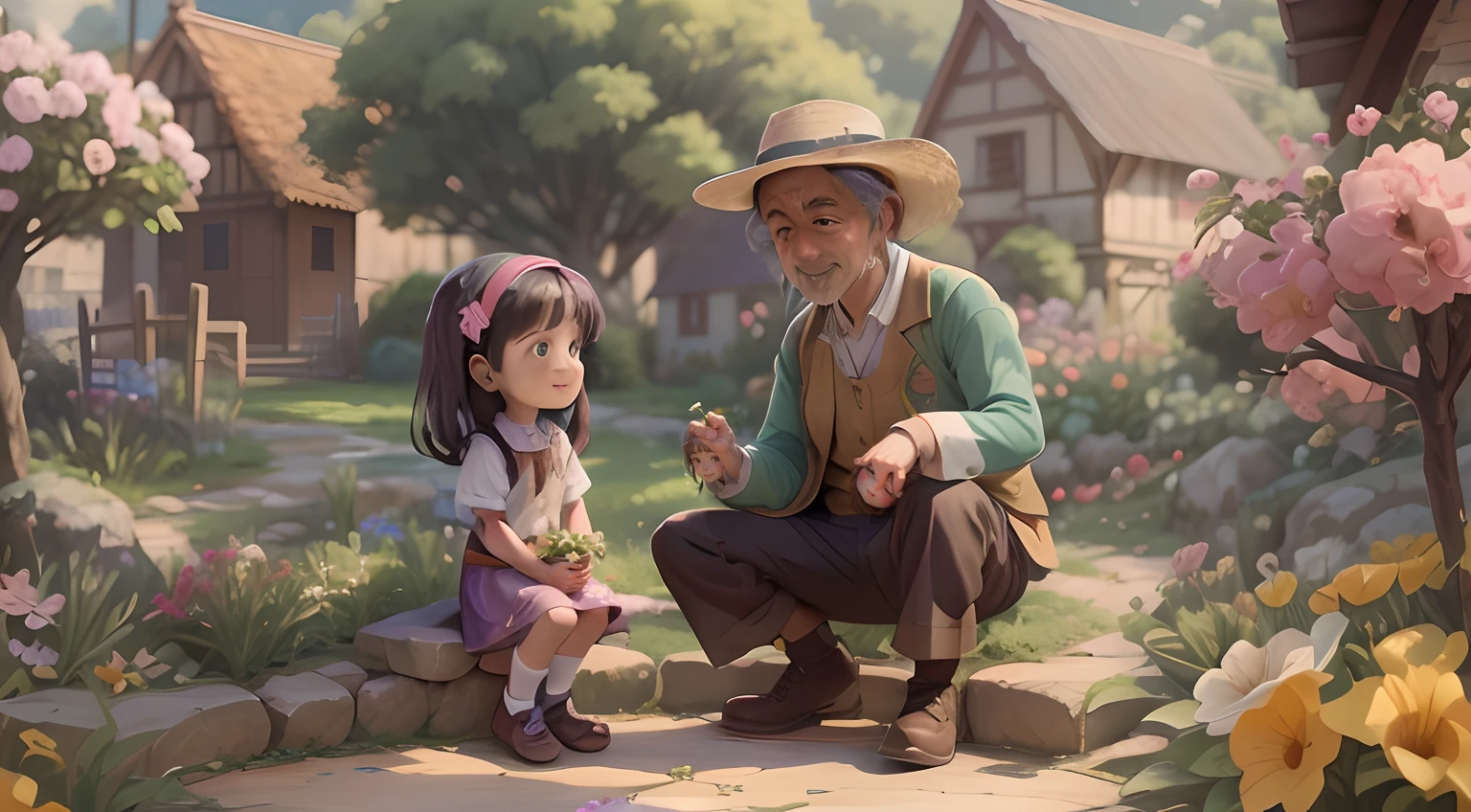 Anime picture of a middle-aged gardener talking to a cute smiling in a village garden, a long-necked water can resting near his legs, with very beautiful flowers of various kinds around them, numerous flowers, space is filled with flowers, no buildings just flowers, many many flowers, various flowers of varying colours