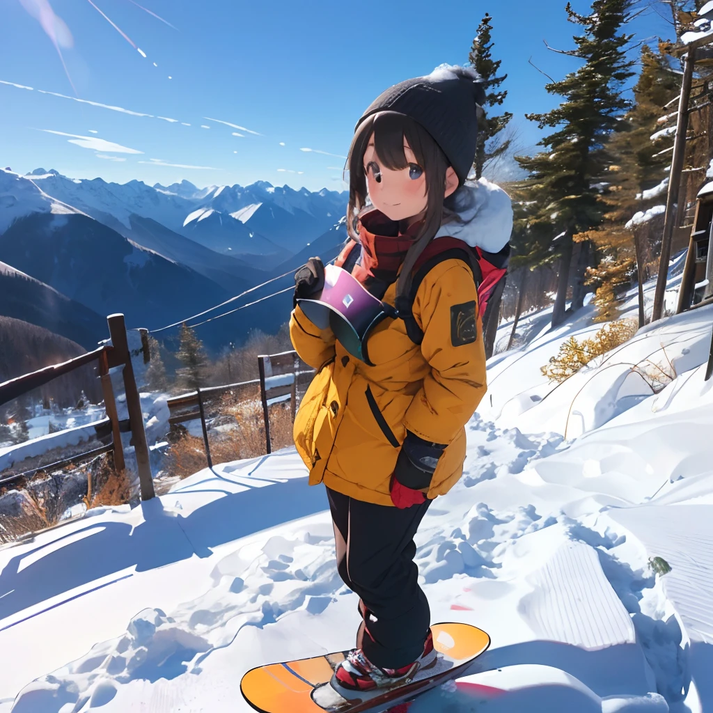 masutepiece, Best Quality, 8K_Wallpaper, (Beautiful eyes), ((Snow is piled up)), Cute, (Yellow Wear、Outerwear is blue、Red pants), (Too much snow、Buried Girl),1girl in,small tits,1 girl、Smile,(Nothing but snow)、(((Snow as far as the eye can see)))、Ski resort on a sunny day、snow board、(((girl standing on mountain)))(((Wear a snowboard)))、