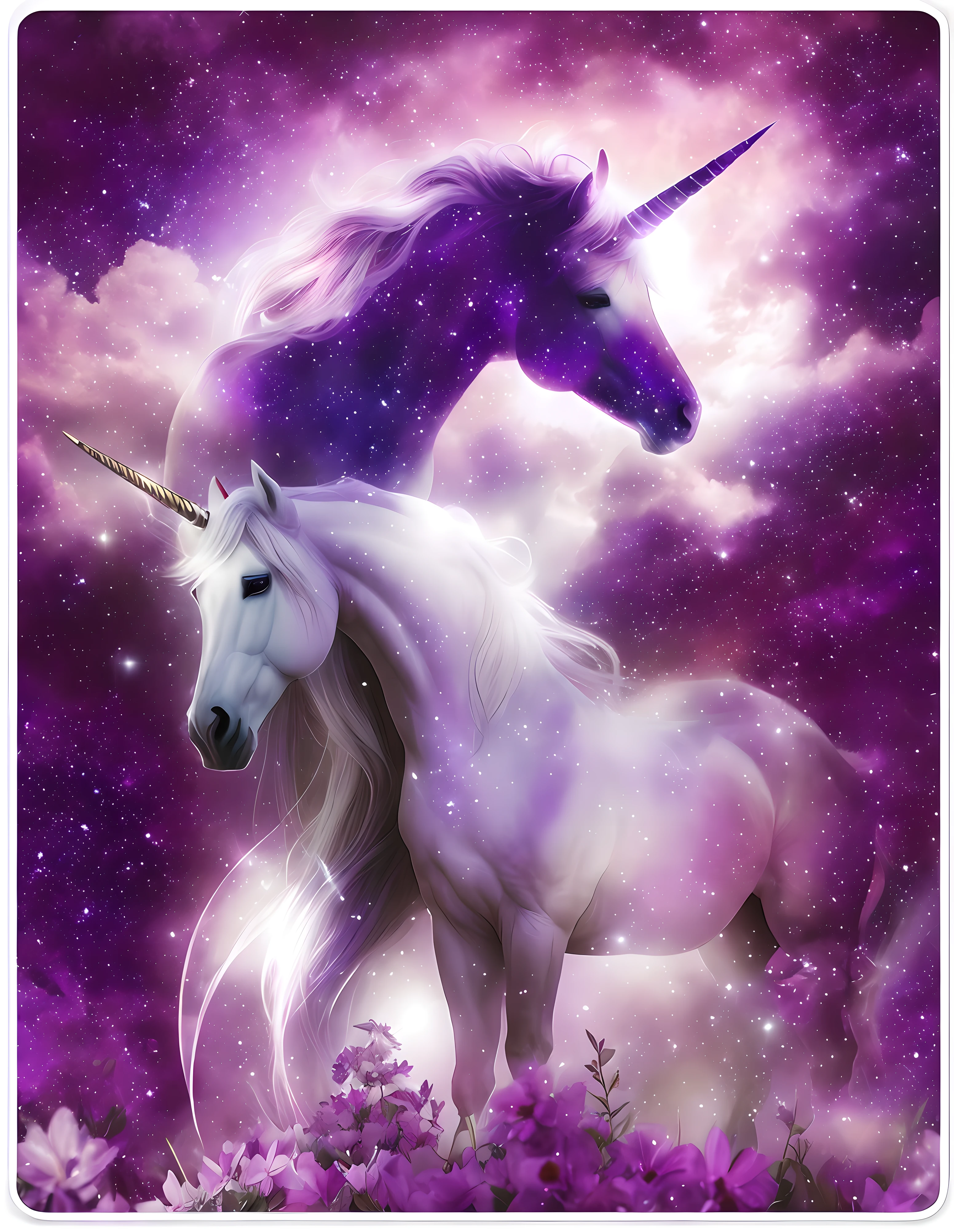 Unicorns and unicorns in a field of flowers in purple sky, unicorns, unicorn, A unicorn, white unicorn, mythological creatures, mythological creatures, cinematic ligh《tusks》Unicorn in , a mythical creature, unicorn flying in the sky, Glory to the magic within, Magical and mysterious, Ethereal!!! Ultra photo realsisim, very magical and dreamy, Keanu Reeves rides a unicorn