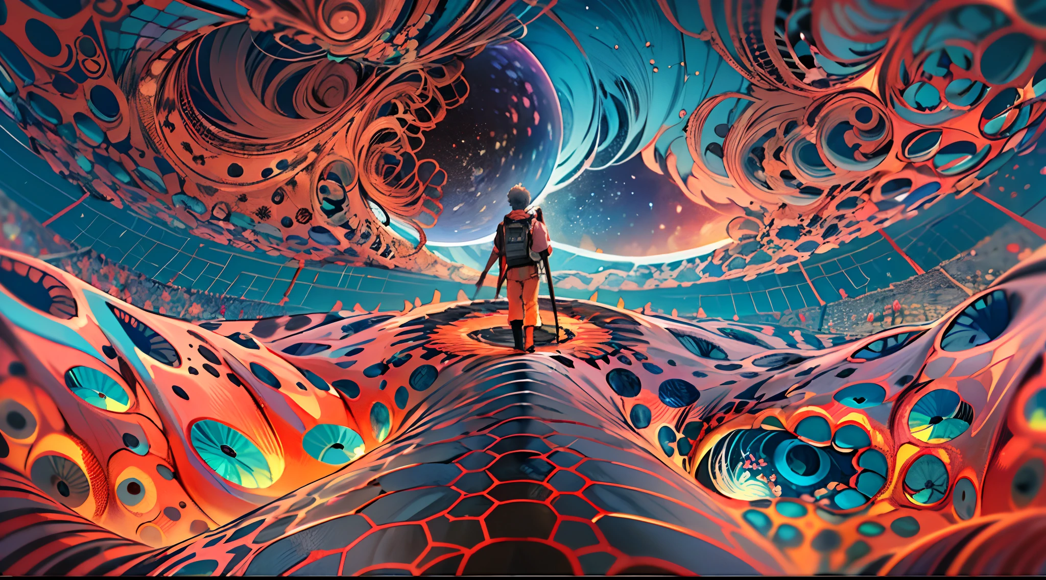 Montruo gigante mirando hacia abjao en un paisaje de otro mundo,Gigante fractalico, Fractal infinito,fractal de Mandelbrot, divino, Figura imponente humanoide, masivo,escala masiba, mirando hacia abajo, de pie, inmenso, apocalyptic, colorido, iridiscente, obra maestra, 4k-resolution, detalles intrincados, dios,divino,ente superios echo de fractales,figuara imposible,geometria unica,