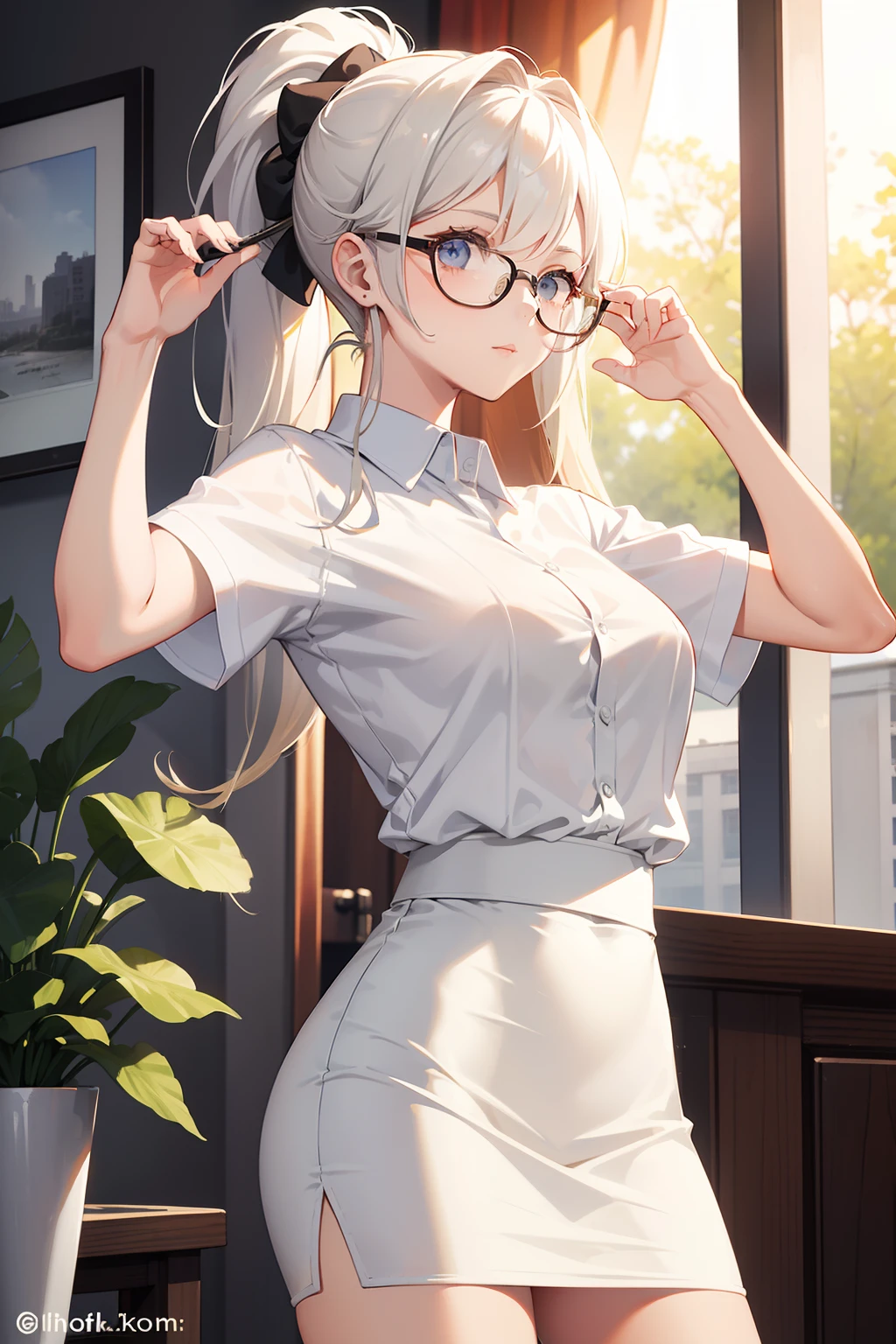 best quality, detailed, normal white button shirt, best shaders, mini pencil skirt, short sleeves, glasses, sunny, ponytail hair, cute pose