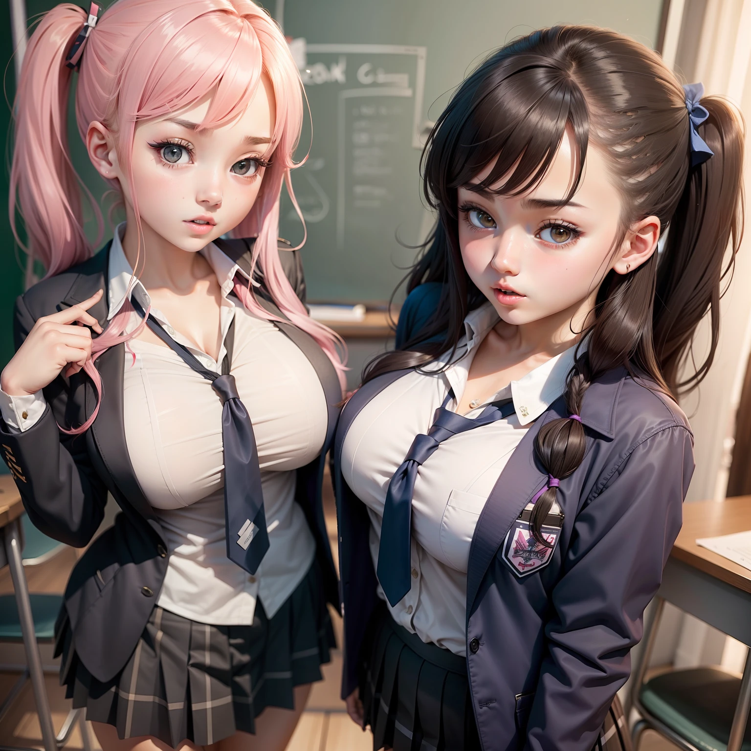 PERFECT MASTERPIECE, EXTREMELY DETAILED CG UNITY 8K UHD QUALITY RESOLUTION WALLPAPER, PHOTOREALISTIC, RAW PHOTO, AWARD-WINNING PORTRAIT, OFFICIAL ART, PROFESSIONAL CINEMATIC LIGHTING, The most beautiful and sexy school girl, long rainbow colored hair in pigtails, vibrant moonlight eyes, long detailed eyelashes, blushing, full pouting pink lips, curvy body type, full hips, super huge enormously gigantic tits, cleavage showing, gigantic  bursting out of her shirt, wearing a school girl uniform and school girl skirt, spreading her legs open arching her back in a sexy seductive slutty pose, looking at the viewer, close up pov camera view from below, sexy seductive slutty facial expression, empty classroom background