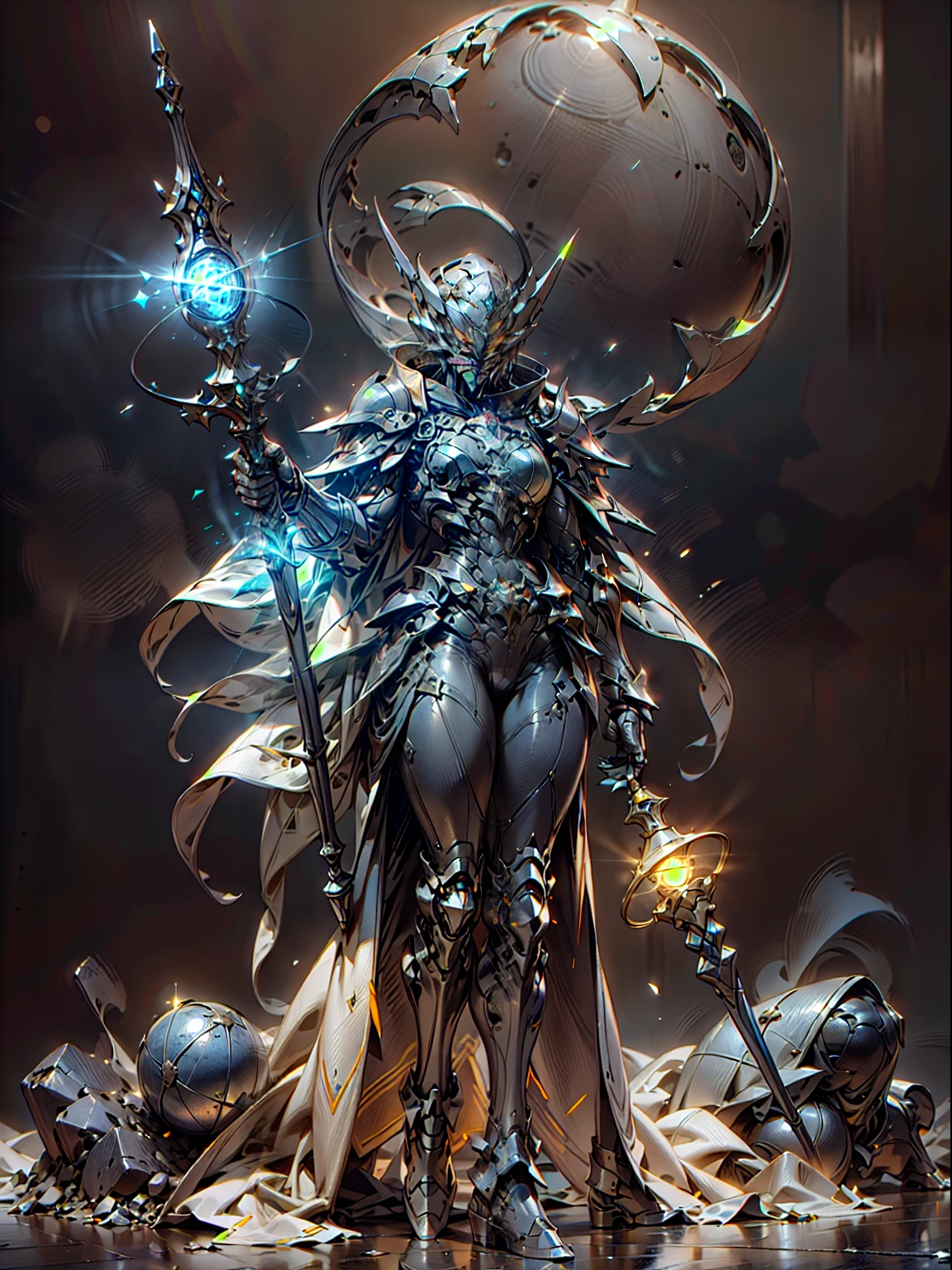 Ghost armor holding huge ice wand, male mage, ice blue armor all over, super cool ghost mage, wearing ice blue cloak, huge staff, glowing magic ball, magic pose, tall, glowing eyes, with mask, tall figure, perfect body proportions, looking up, super detail, IP by pop mart, edge light, avatar, octane rendering, blender, full body, clean black background, 3d, c4d, best quality, very detailed, Ancient Technology, HDR (High Dynamic Range), Ray Tracing, NVIDIA RTX, Super Resolution, Unreal 5, Subsurface Scattering, PBR Texture, Post Processing, Anisotropic Filtering, Depth of Field, Maximum Clarity and Acutance, Multilayer Textures, Albedo and Highlight Maps, Surface Shading, Accurate Simulation of Light-Material Interactions, Perfect Proportions, Octane Rendering, Two-tone Lighting, Low ISO, White Balance, Rule of Thirds, Wide Aperture, 8K RAW, High Efficiency Sub-Pixel, Subpixel Convolution, Glowing Particles, Light scattering, Tyndall effect