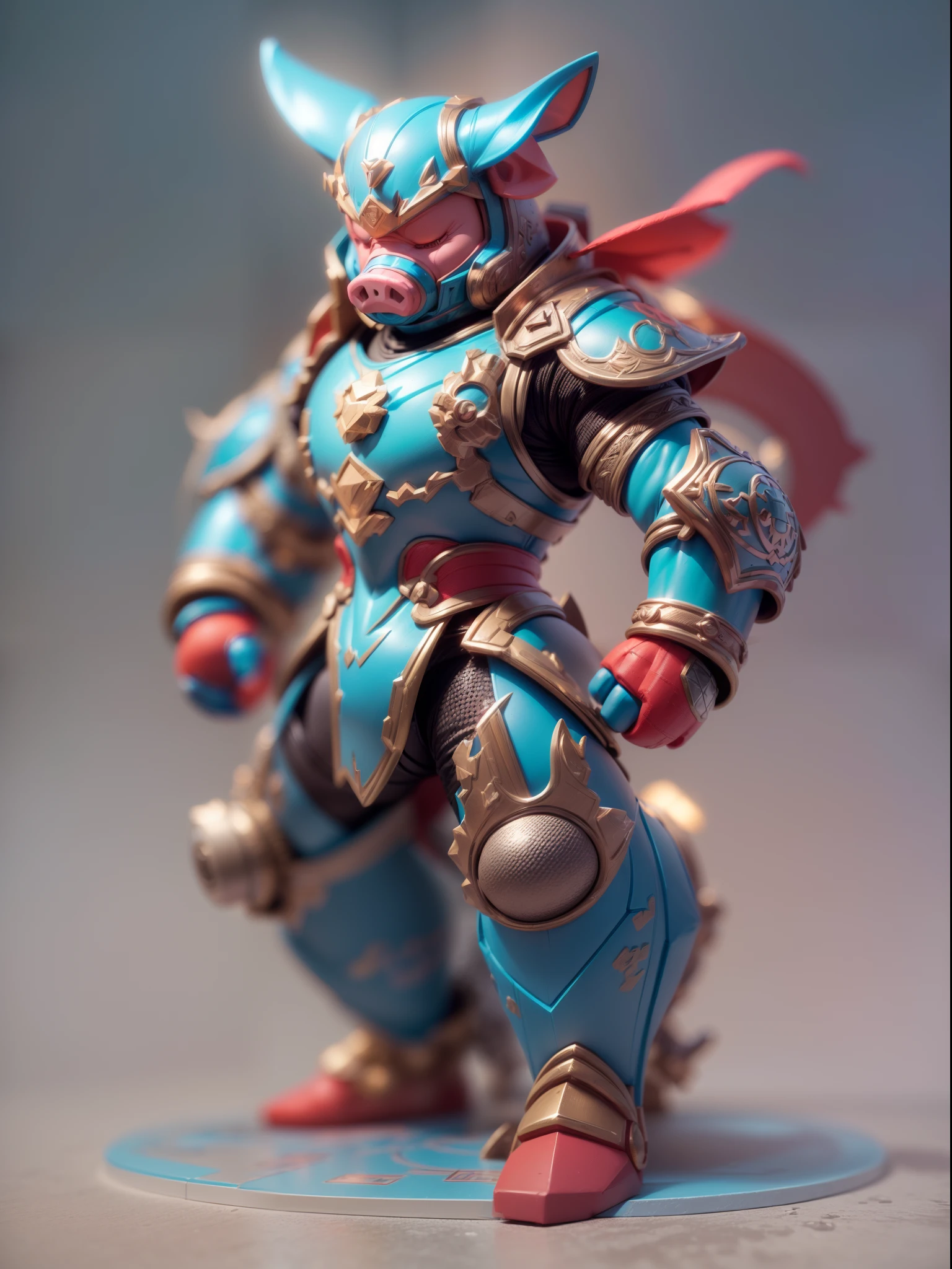 (Blind box toy style:1.3),((Full body shot))(anthropomorphism) , (1 strong pig metal warrior)(((solo))) metal armor,dreamy glow, Clean dark background,Red cyan style，(circular base）( Global illumination, Ray tracing, hdr, unreal render,reasonable design, high detail, Masterpiece, Best quality, hyper HD, Cinematic lighting)