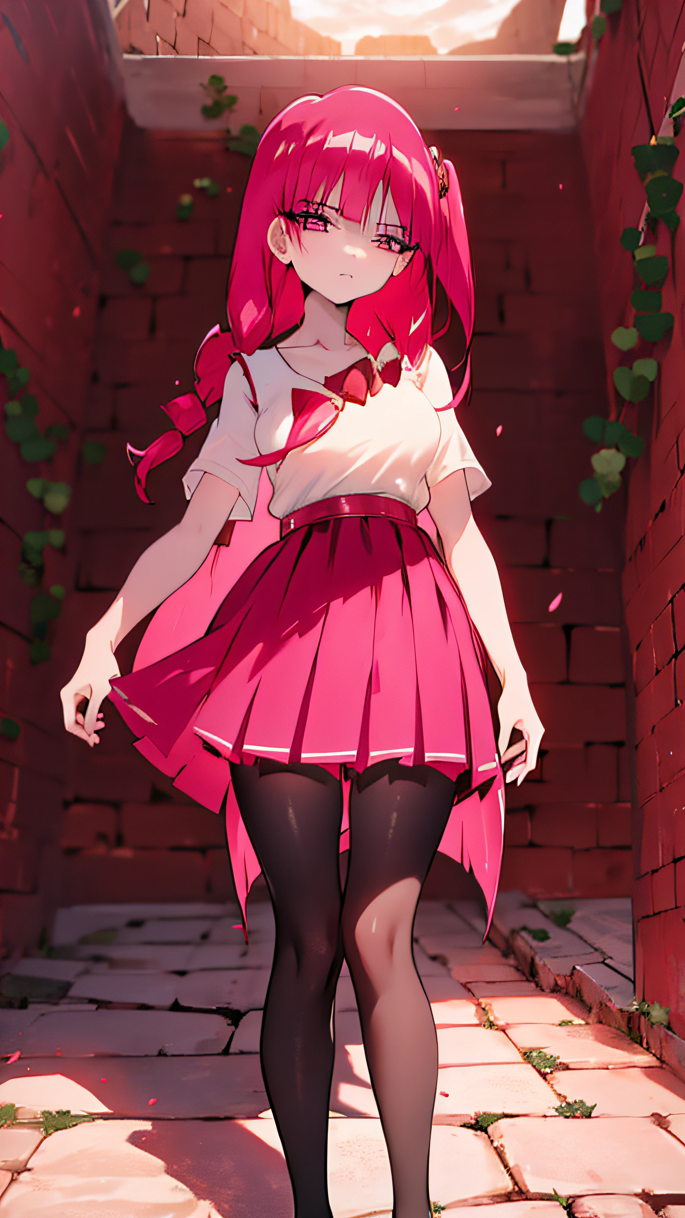 anime girl, alone, red hair, braids, pantyhose, happy, erotic, hentai, pink pleated skirt,looks at viewer, colosseum, italy, rome, serene, gothic dress