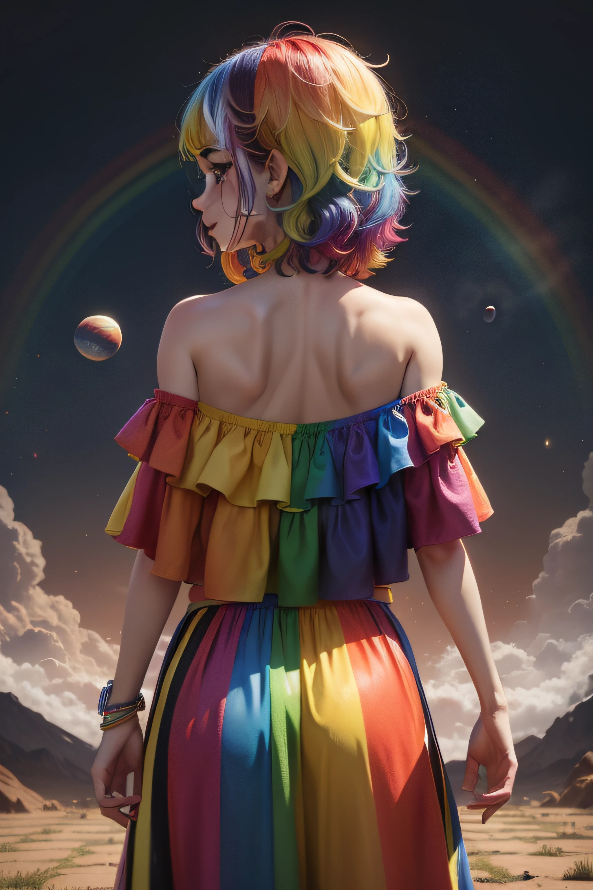 clown,sorrir, HQ, quadrinhos , roupas coloridas , arco iris (cabelos ondulados multicoloridos:1.2),(mundo psicodelico:1.4)