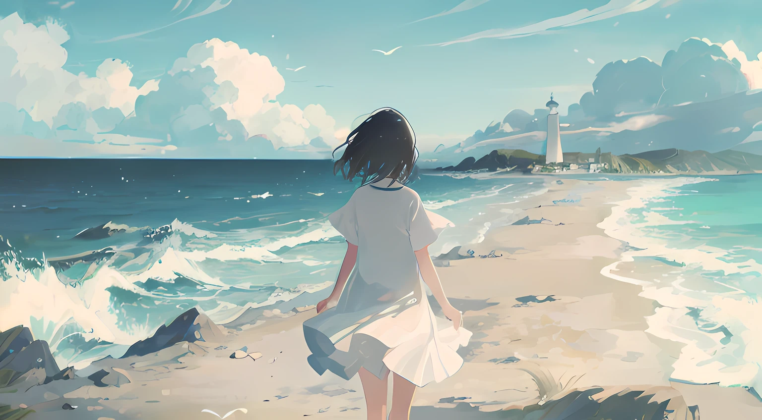 High quality, High detail, Blue sky, beachside,White lighthouse,White clouds,, Glow