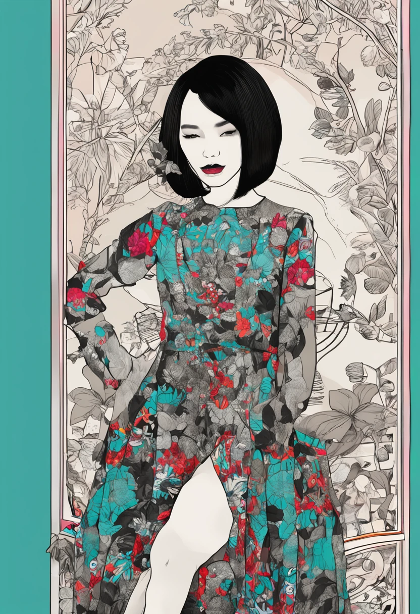 (Full length portrait of a beautiful girl with black hair bob cut wearing a costume with a deep slit)::style Line art、colourfull、Highly detailed、Photorealsitic、highcontrast