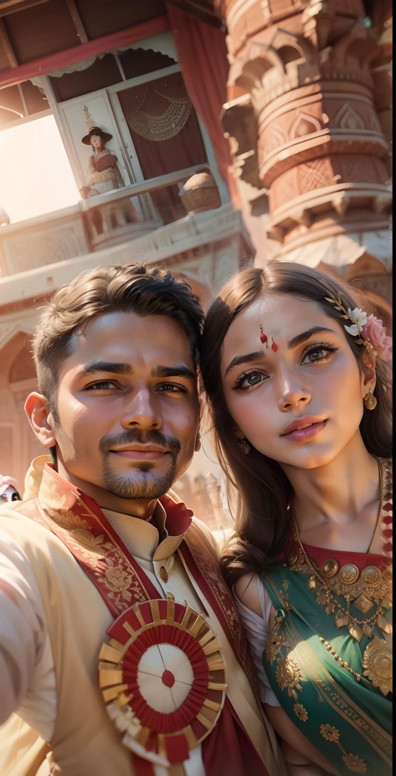 Couple's clicking selfie where the girl and the boy are wearing Indian traditional dress infront of Taj mahal
