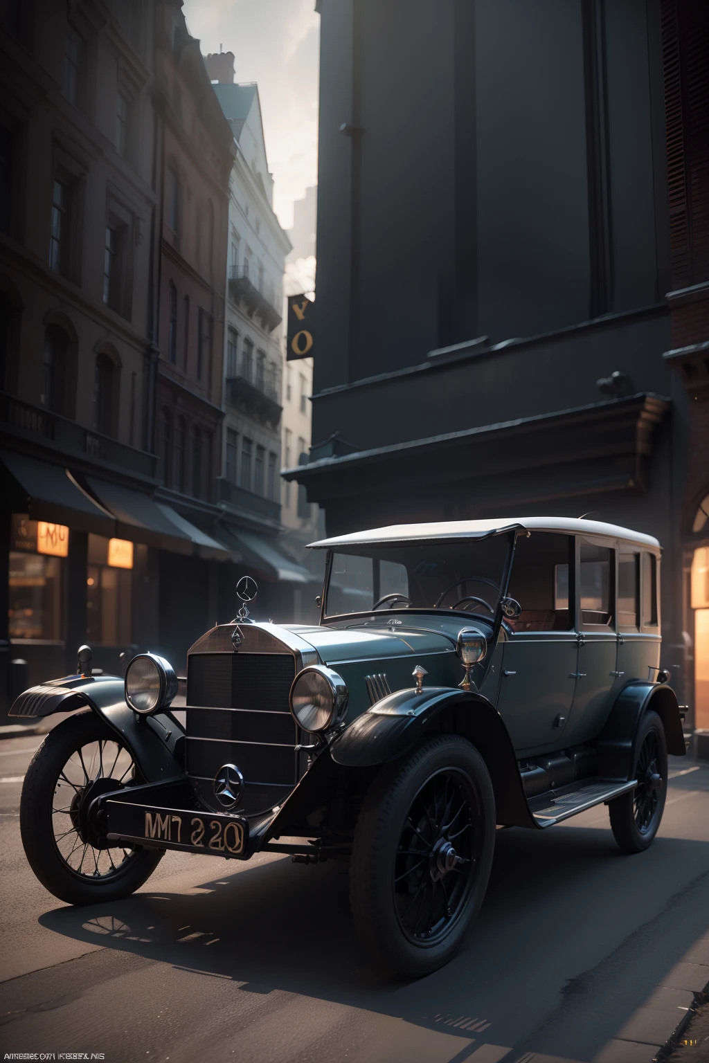 Mercedes 1902 Mercedes-Simplex 40HP, car render, realistic, 3D, digital billboard, point cloud, Unreal Engine 5, Keyshot, Octane, ArtStation trending, ultra high detail, ultra realistic, cinematic, 8K, Zaha Hadid style, nanospace, plastic material, dark atmosphere