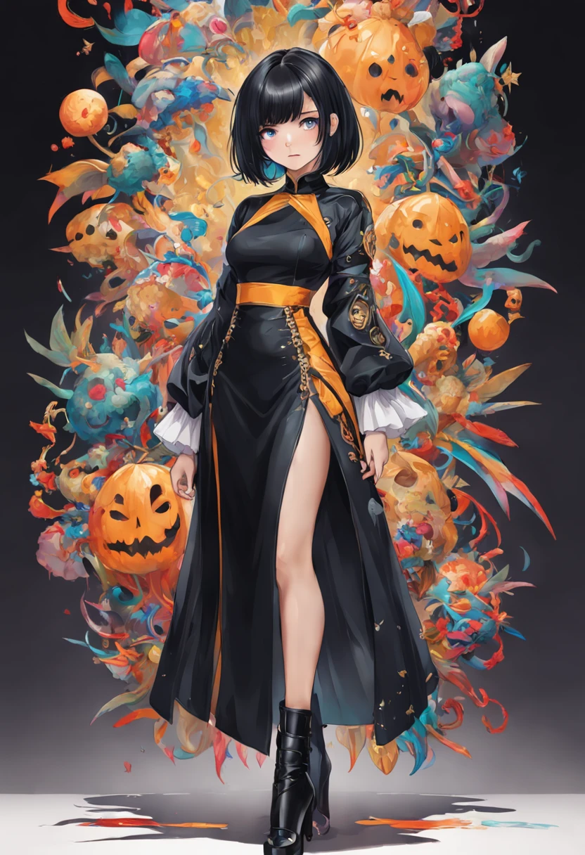 (Full length portrait of a beautiful girl with black hair bob cut wearing a costume with a deep slit)::style Line art、colourfull、Highly detailed、Photorealsitic、highcontrast