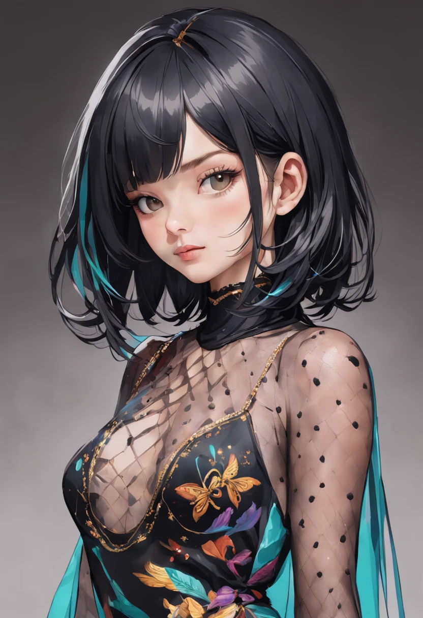 (Full length portrait of a beautiful girl with black hair bob cut wearing a costume with a deep slit)::style Line art、colourfull、Highly detailed、Photorealsitic、highcontrast