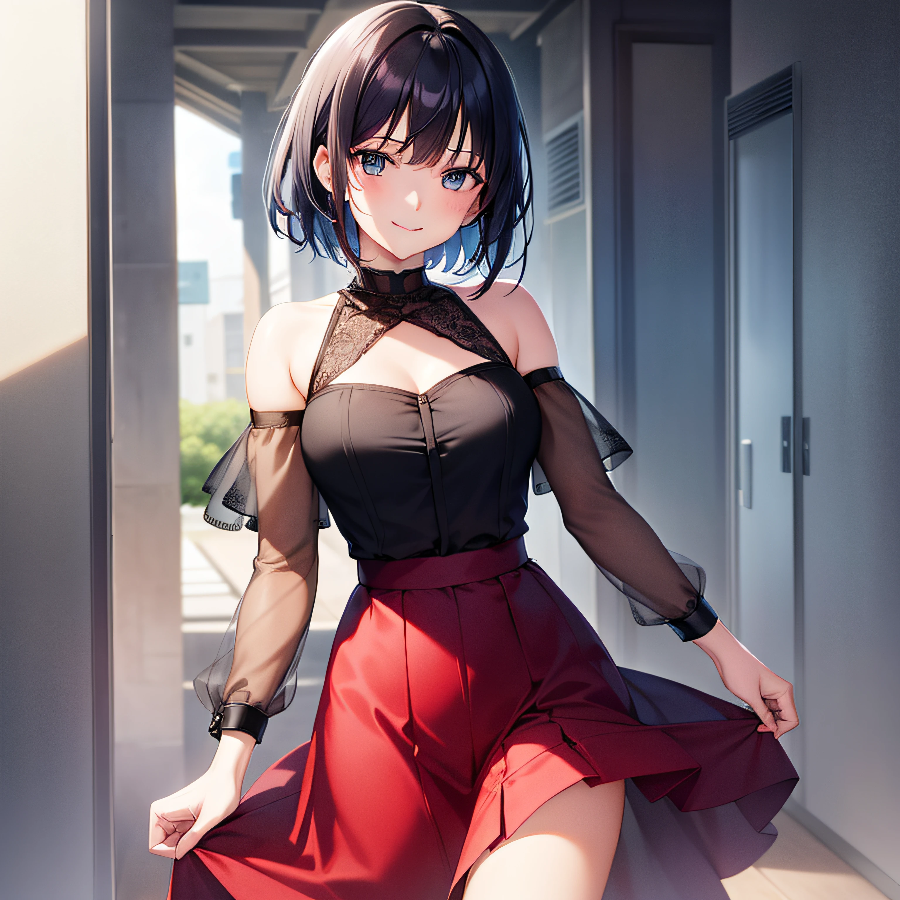 {1girl in,Shorthair, A dark-haired, blue eyess}, {Smiling, A smile, Red face}, concept-art, beautiful anime scene, Beautiful anime scenery, top-quality, masterpiece