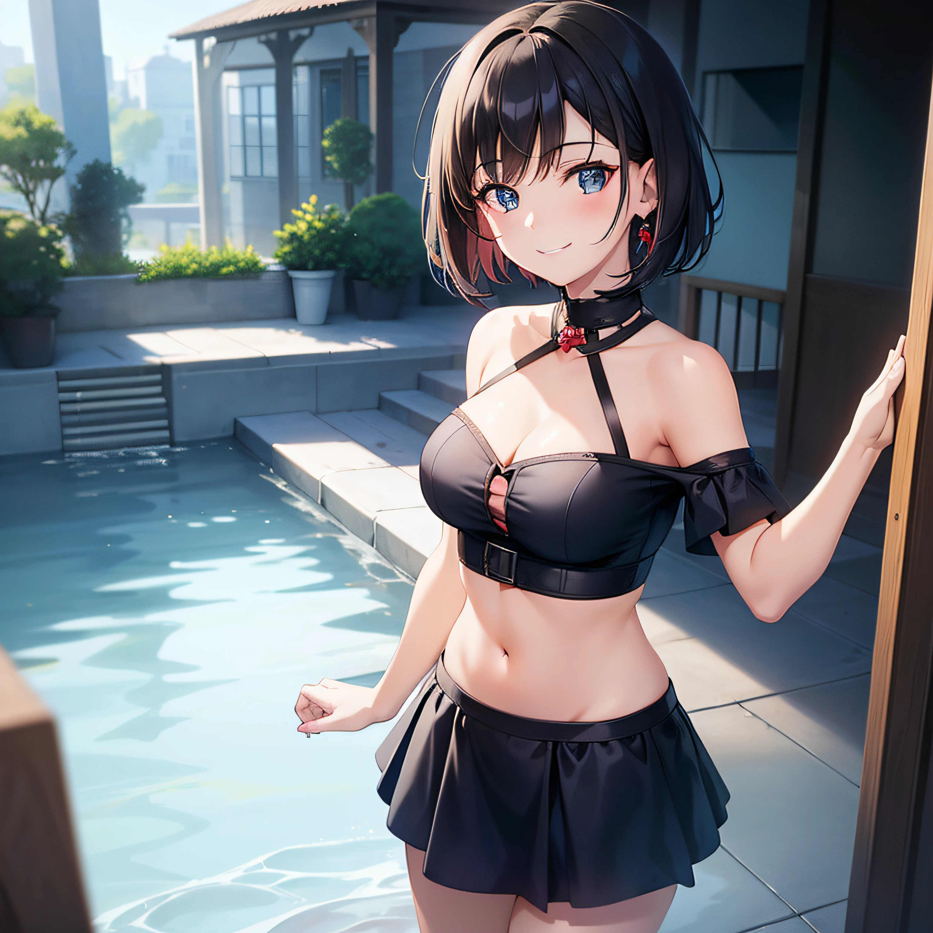 {1girl in,Shorthair, A dark-haired, blue eyess}, {Smiling, A smile, Red face}, concept-art, beautiful anime scene, Beautiful anime scenery, top-quality, masterpiece