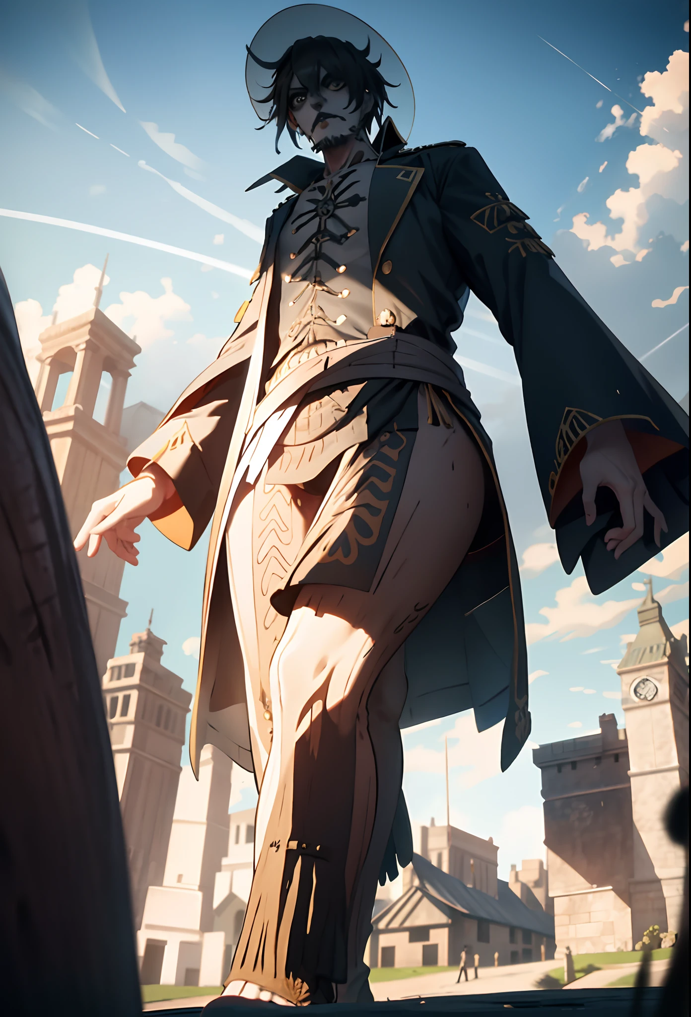 Imagine the Giant Trafalgar Law in Attack on Giants: enlarged, his measured presence commands attention. Dressed in a surgeon's coat and hat, Lau's mysterious aura and strategic gaze endure.concept art, extremely detailed, ultra hd, hdr, 8k, cinematic, dramatic lighting ray tracing reflections