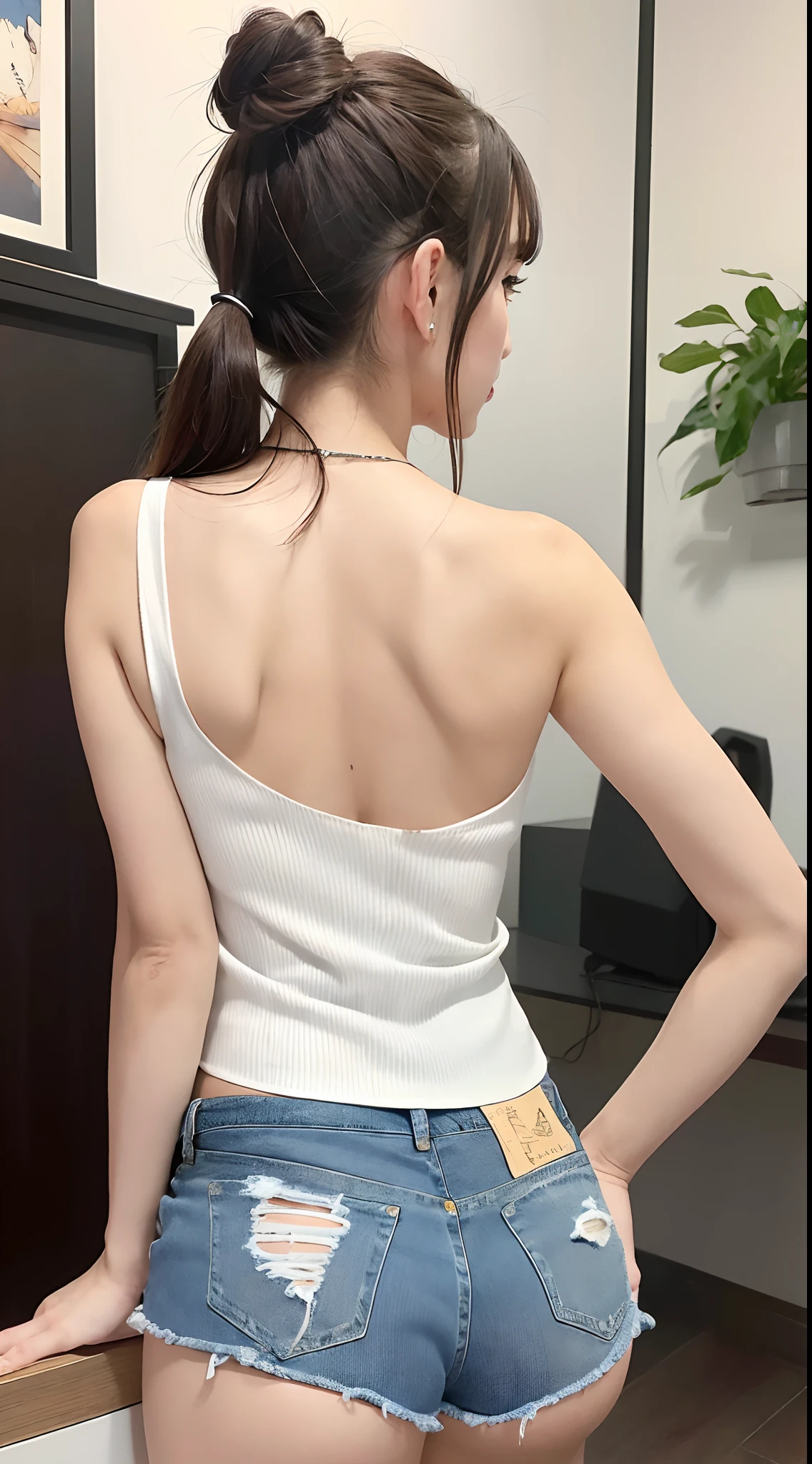 (masutepiece:1.2), top-quality、Top image quality、masterpiece:1.3、Realistic、femele1name、Woman in tight white tank top、(Damaged Denim Mini Shorts)、the perfect body、(Woman Facing Backwards、Stick my butt out to the Camera)、Beautiful back、emphasis on the buttocks、Straighten the body