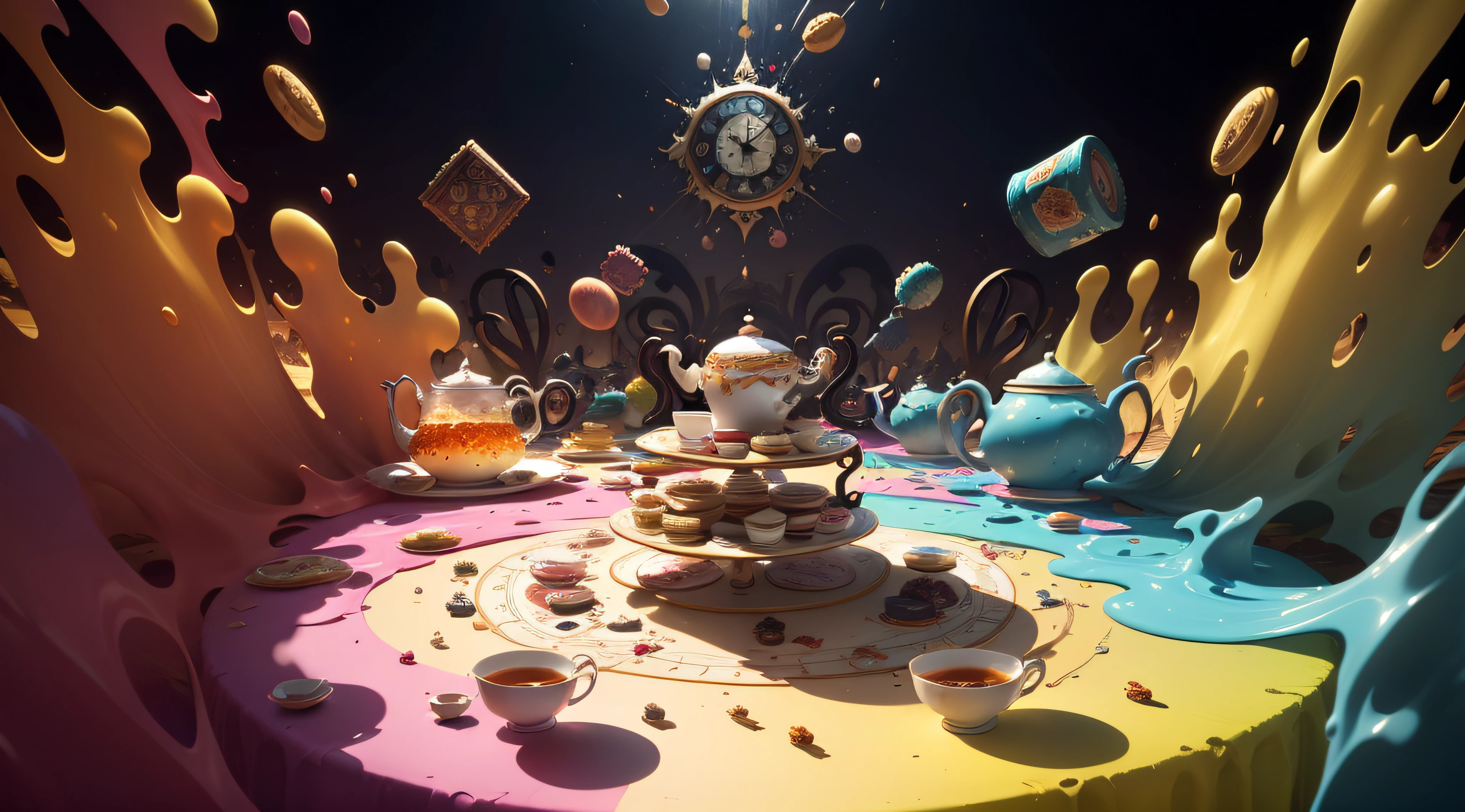 no people, crazy tea party, abstract pieces of colors, distorted, many tea cups and biscuits and spoons flying around, chaos pieces. Background is abstract of bright colors, disturb texture. A single big ancient clock face behind the tea party. Colorful liquids splash everywhere.