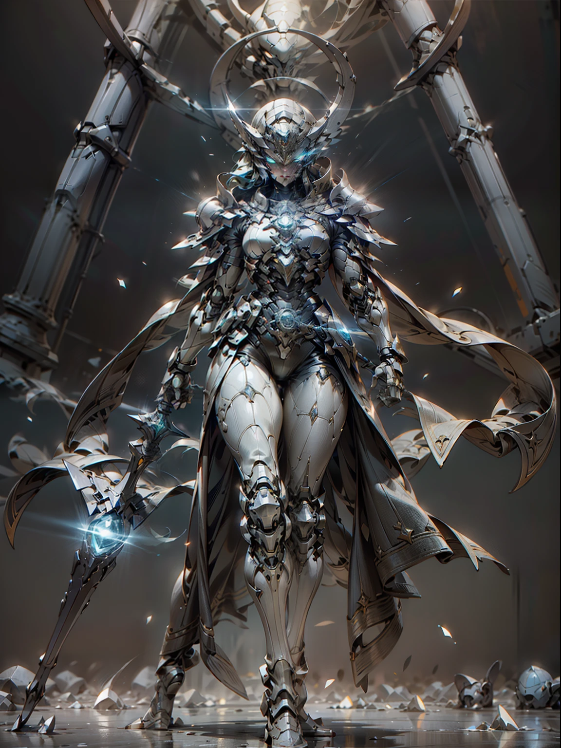 Ghost armor holding a huge ice wand，female mage，sliver long hair，Ice blue armor all over，Super cool ghost mage，Wearing an ice blue cape，Huge staff，A magic ball that glows，Magical poses，Tall and tall，glowing light eyes，With a mask，Tall figure，Perfect body proportion，Look up at the perspective，super detailing，IP by pop mart，rim-light ，head portrait，rendering by octane，Blander，full bodyesbian，Clean black background，3d，c4d，best qualtiy，The is very detailed，Ancient Techniques， HDR（HighDynamicRange）， Ray traching， NVIDIA RTX， Hyper-Resolution， Unreal 5， sub surface scattering， PBR Texture， post-proces， Anisotropic filtering， depth of fields， Maximum clarity and sharpness， Many-Layer Textures， Albedo e mapas Speculares， Surface Coloring，Accurately simulate light-material interactions，perfectly proportions，rendering by octane，twotonelighting，Low ISO，White balance，trichotomy，Wide aperture，8K RAW，High-Efficiency Sub-Pixel，sub-pixel convolution，Luminous Particle，Light scattering，Tyndall effect