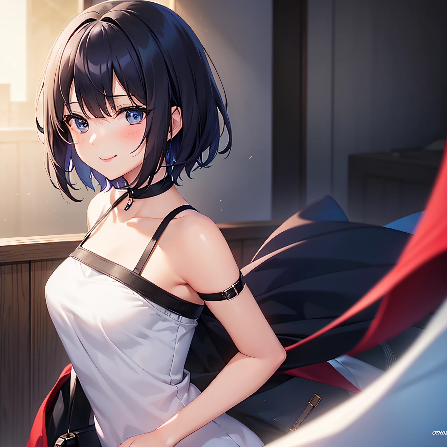 {1girl in,Shorthair, A dark-haired, blue eyess}, {Smiling, A smile, Red face}, concept-art, beautiful anime scene, Beautiful anime scenery, top-quality, ​masterpiece