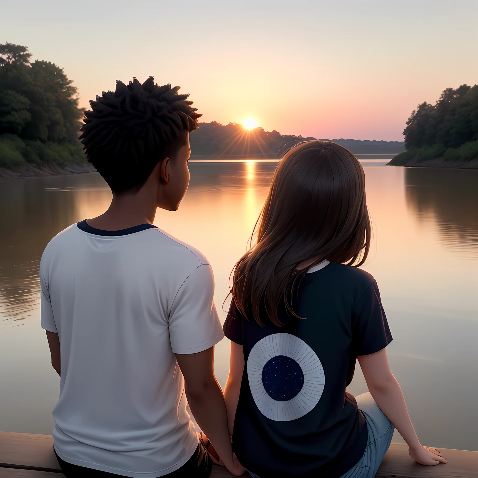 View from behind, an African American boy with a Stevenson baseball Jersey and a brunette Italian girl with a t-shirt on are sitting on the river in an embrace and looking at the sunset, how slowly the sun sets and what bright colors blur across the evening sky. The sun sets below the horizon, and cold stars begin to appear. A gray fog spreads by the river, it covers everything around. It's getting cooler, the birds stop singing, the slight smell of flowers is getting stronger.