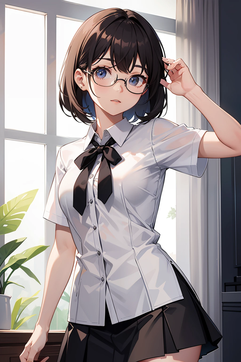 best quality, detailed, normal white button shirt, best shaders, mini black straight skirt, short sleeves, glasses, sunny