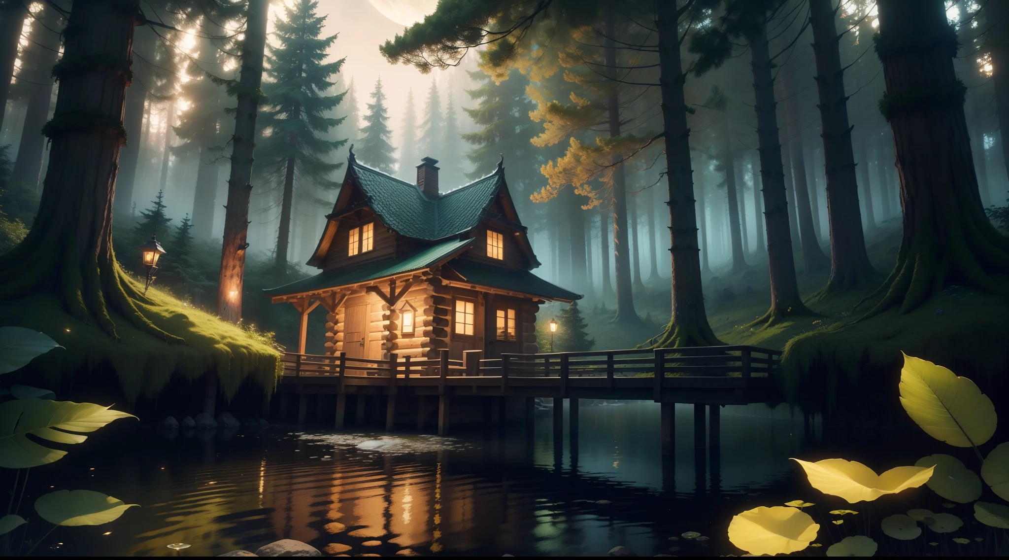 Masterpiece, top quality, high quality, extremely detailed 8k wallpaper of CG unit, a charming and dreamy scene of a fantasy forest with tall trees, glowing mushrooms, and hidden fairy valleys, creating a sense of mystique and enchantment. Artistic season, digital illustration, intricate, trend, pastel colors, oil painting, award-winning photography, bokeh, depth of field, HDR, flower, chromatic aberration, hyper-realistic, extremely detailed, trending on ArtStation, trending on CGsociety, intricate, high detail, dramatic, art in the midst of the journey. The exterior of a wooden cabin by a lake, elevated on a very well-structured wooden platform, with roots, moss, and flowers growing along it, in a lush forest during the night. The moon illuminates the forest and reflects its glow on the lake. There's a small waterfall in the lake, near the cabin. Lights twinkle throughout the forest, creating a serene atmosphere in the style of professional cinematography.