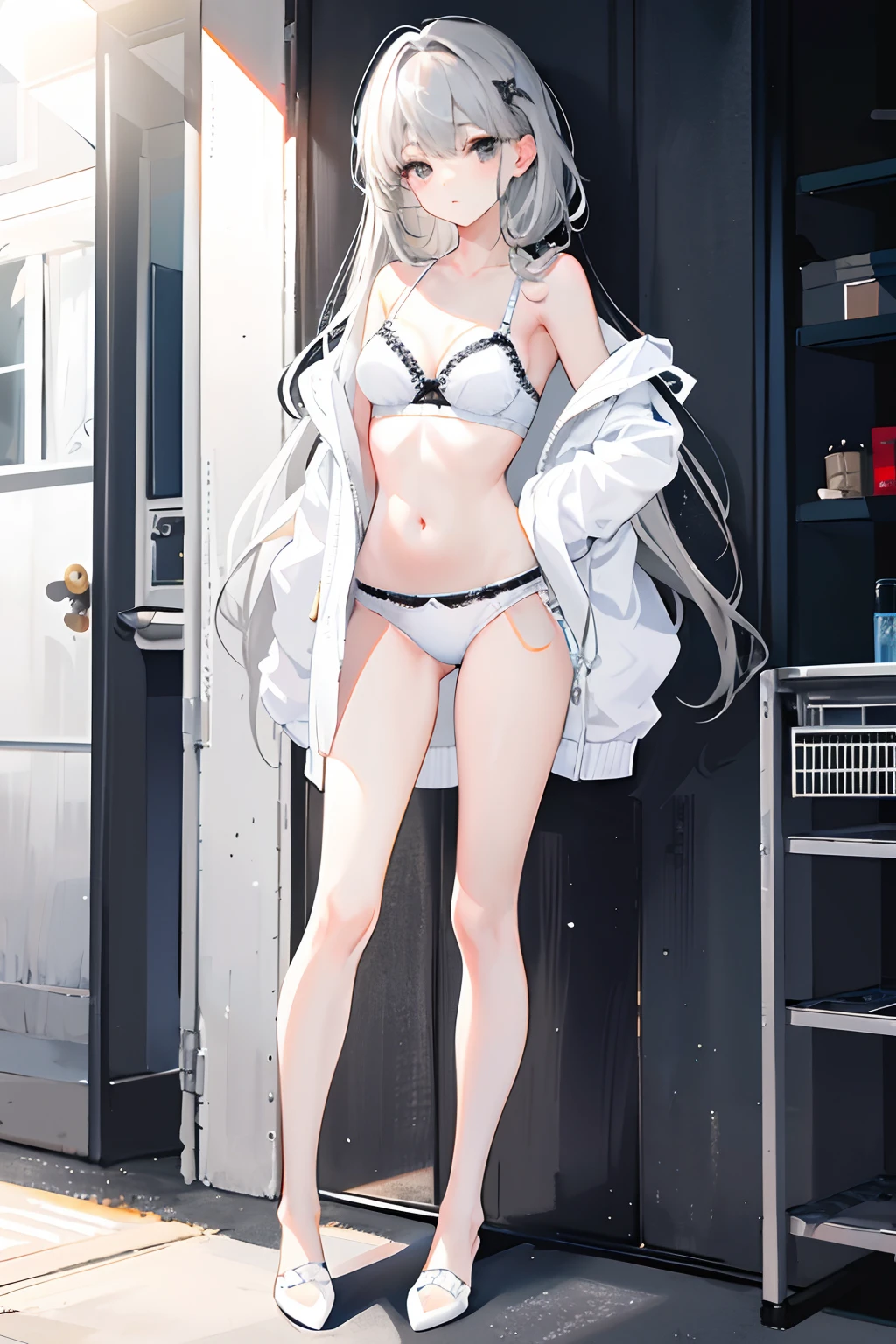 A  girl，Gray hair ，The sun shines，Gray-black eyes，combed hair，long whitr hair，White bra，white  panties，White slippers，hands behind body，standing on your feet，full bodyesbian