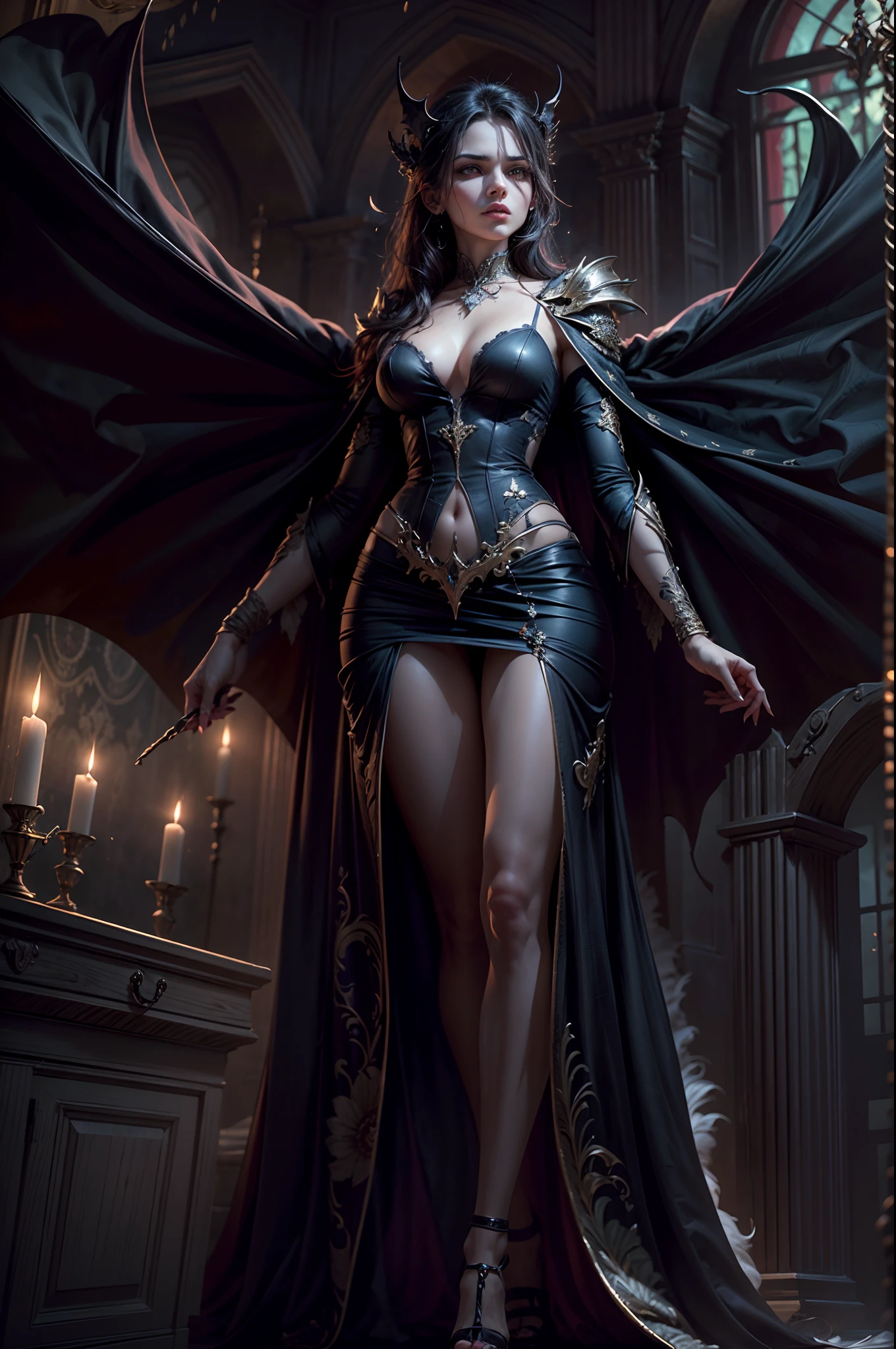 The image portrays a dark and mesmerizing scene, where a tall, seductive, and mature figure stands as the central focus. The illustration, created with the utmost care and attention to detail, captures the essence of a hauntingly beautiful vampire. Rendered in an astounding 8k resolution, every intricate detail comes to life, immersing the viewer in a world of dark enchantment.
BREAK
The figure's body exudes an alluring seductiveness, emphasized by the realistic and ultra-detailed rendering. The lighting and shadows, meticulously crafted, enhance the depth and realism of the image, bringing out the subtle nuances of the character's form. The high-resolution depiction captures the essence of a vampire's essence, with a touch of the supernatural and a hint of danger.
BREAK
The character's bat wings unfurl majestically, evoking a sense of mystery and power, while bats gracefully fly around, adding to the magical ambiance. In the night setting, dark magical auras envelop the figure, their ethereal glow highlighting the supernatural nature of the character.

The dark theme is further amplified by the presence of a blood moon and a red sky, creating an atmosphere of foreboding. The image is set against the backdrop of a gothic-style castle, adding an additional layer of darkness and mystery.
BREAK
To accentuate the vampire's allure, the image depicts shining red eyes, emanating a seductive and captivating gaze. A single blood drop adorns the character's body and eyes, symbolizing their connection to the essence of life. Blood splashes on the ground, further emphasizing the character's power and the danger they embody.
BREAK
The captivating face of the character is beautifully rendered, featuring the Tyndall effect and high-detailed skin, adding a touch of realism to the image. The messy hair contorted in an alluring manner, adds to the character's captivating presence