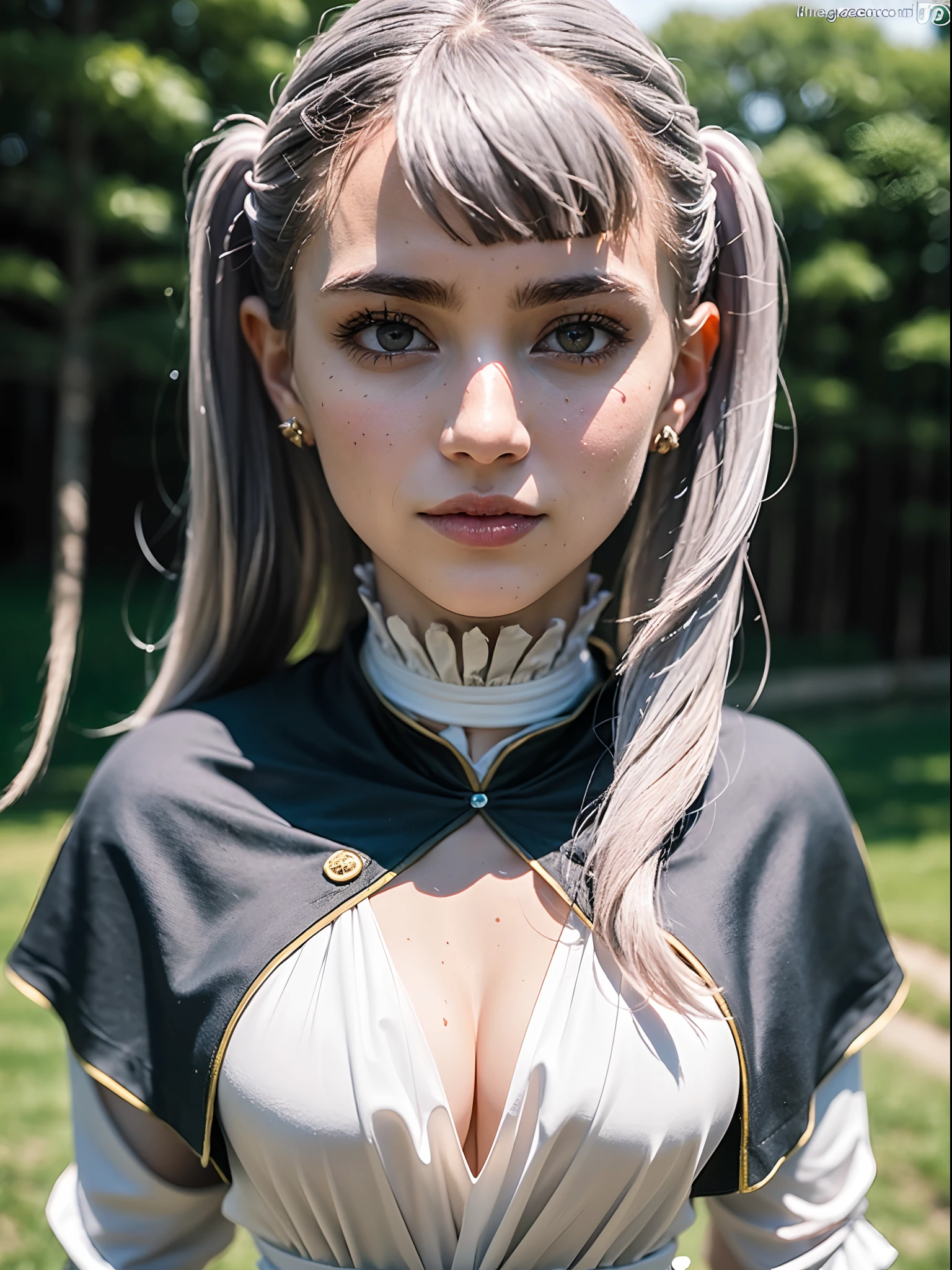 ((Masterpiece, high quality, high resolution:1.4), (standing:1.2), (full body:1.2), smile, noelle_silva, long hair, twintails, bangs, earring, jewelry, silver hair, purple eyes, mage_dress, white dress, cleavage, capelet, black capelet, long sleeves, outdoors, nature, highly detailed skin, skin pores, (highly detailed face:1.2), (highly detailed eyes:1.2), realistic pupils:1.2, full face blush, full lips, (perfect anatomy:1.1), (perfect proportions:1.1), (photography:1.1), (photorealistic:1.1), volumetric lighting, dynamic lighting, real shadows, (highres:1.1), sharp focus, (realistic, hyperrealistic:1.4), intricate, high detail, dramatic, subsurface scattering, big depth of field, vivid, polished, sharpened, ((full Sharp)), (extremely absurdres),16k hdr,