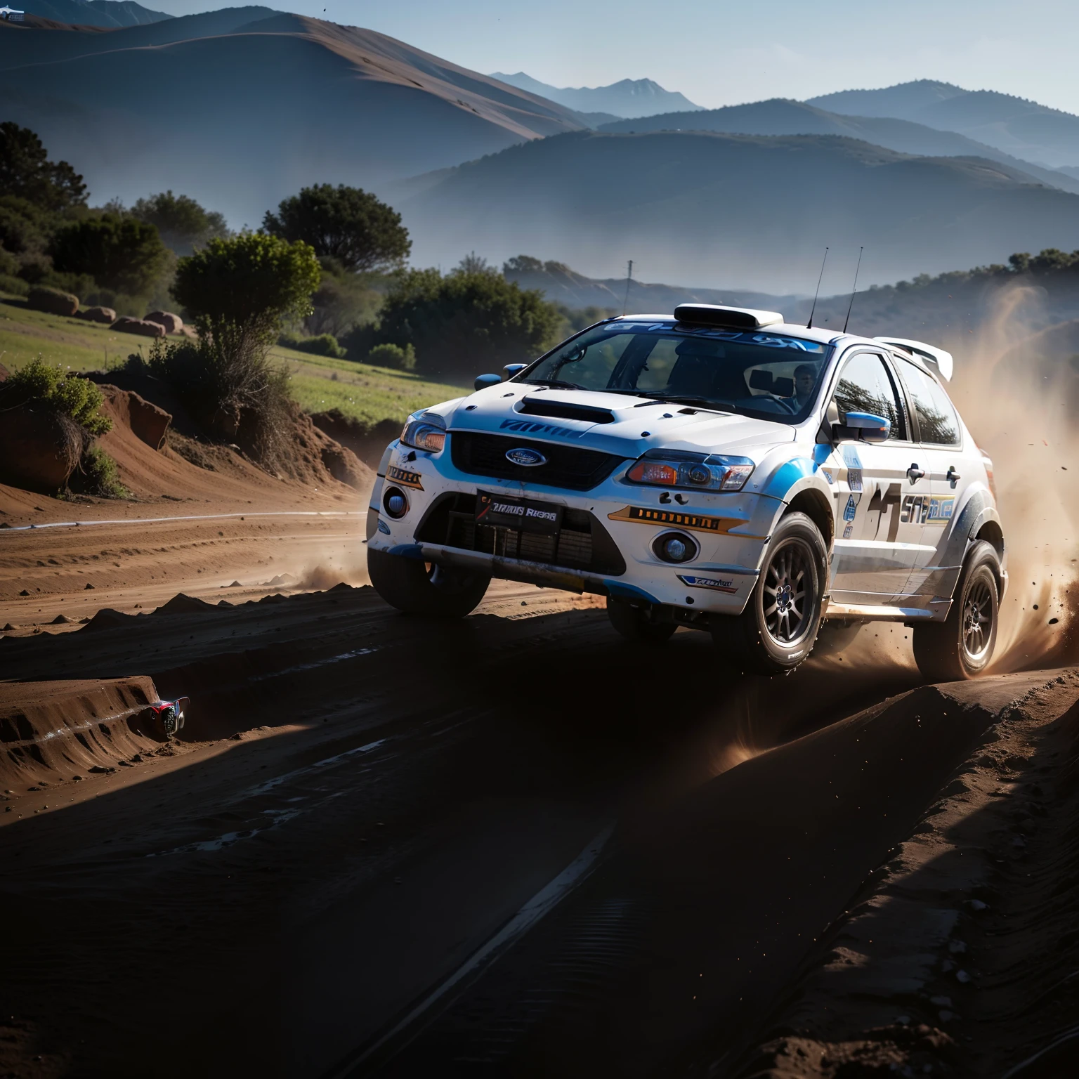 "Ford Focus Rally configuration, Intense action, adrenalinefilled, Mud splashes, High-speed stimulation, Rally cars fly in the dirt, Powerful engine roar, Precise operation, Dynamic angles, dust cloud, Sharp, A race against time."