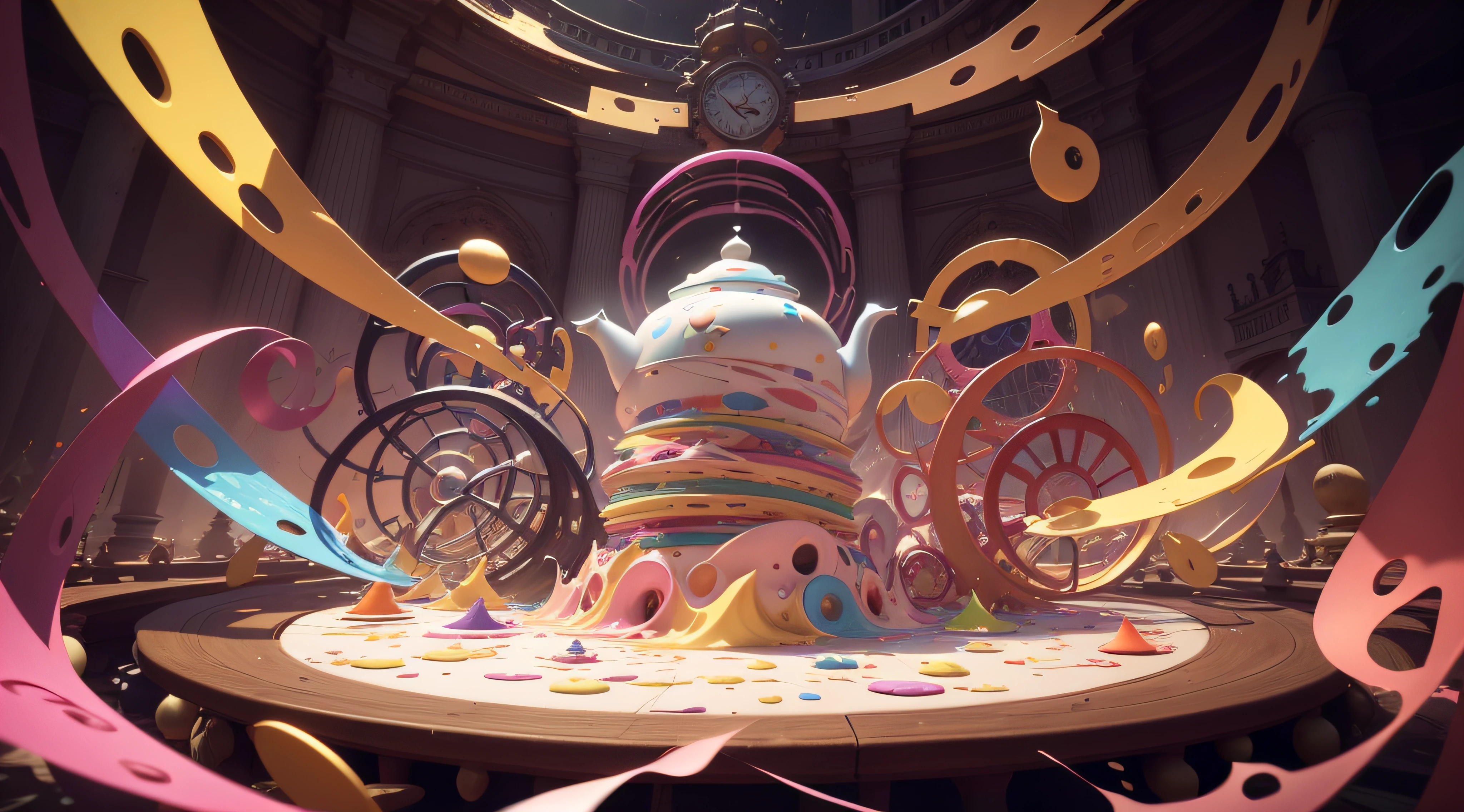 no people. crazy tea party. vortex maze. abstract pieces of colors, distorted, many tea cups and biscuits and spoons flying around, chaos pieces. Background is abstract of bright colors, disturb texture. A single big ancient clock face behind the tea party. Colorful liquids splash everywhere.