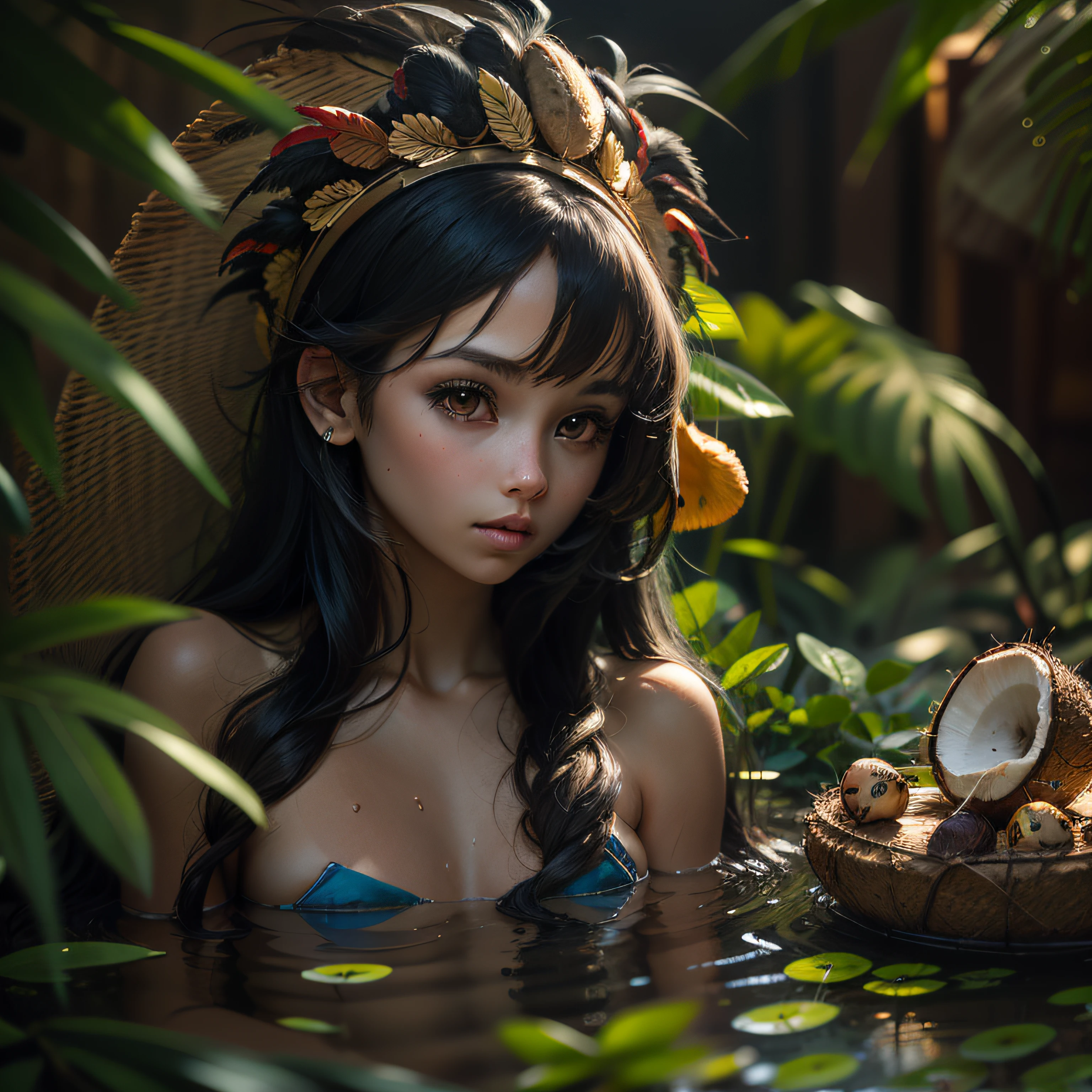cabocla fringe of Amazonian India, tanned skin, extreme long black hair messes, small coconut shell bikini, bathing to the natural, long hair covering boobs, huge macaw feather headdress