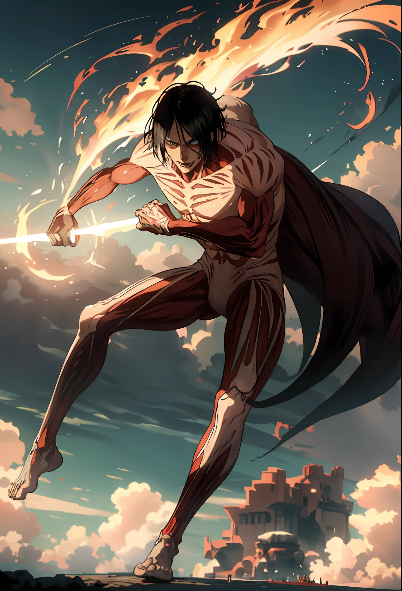 Imagine Giant Portgaz D. Ace in "Attack on Titan": his fiery spirit swells. Towering with his signature hat, tattoos, and short black hair, Ace's resolute gaze and flames endure. He is a formidable kinetic, pushing into chaos with a flame of courage.xtremely detailed, ultra hd, hdr, 8k, cinematic, dramatic lighting ray tracing reflections