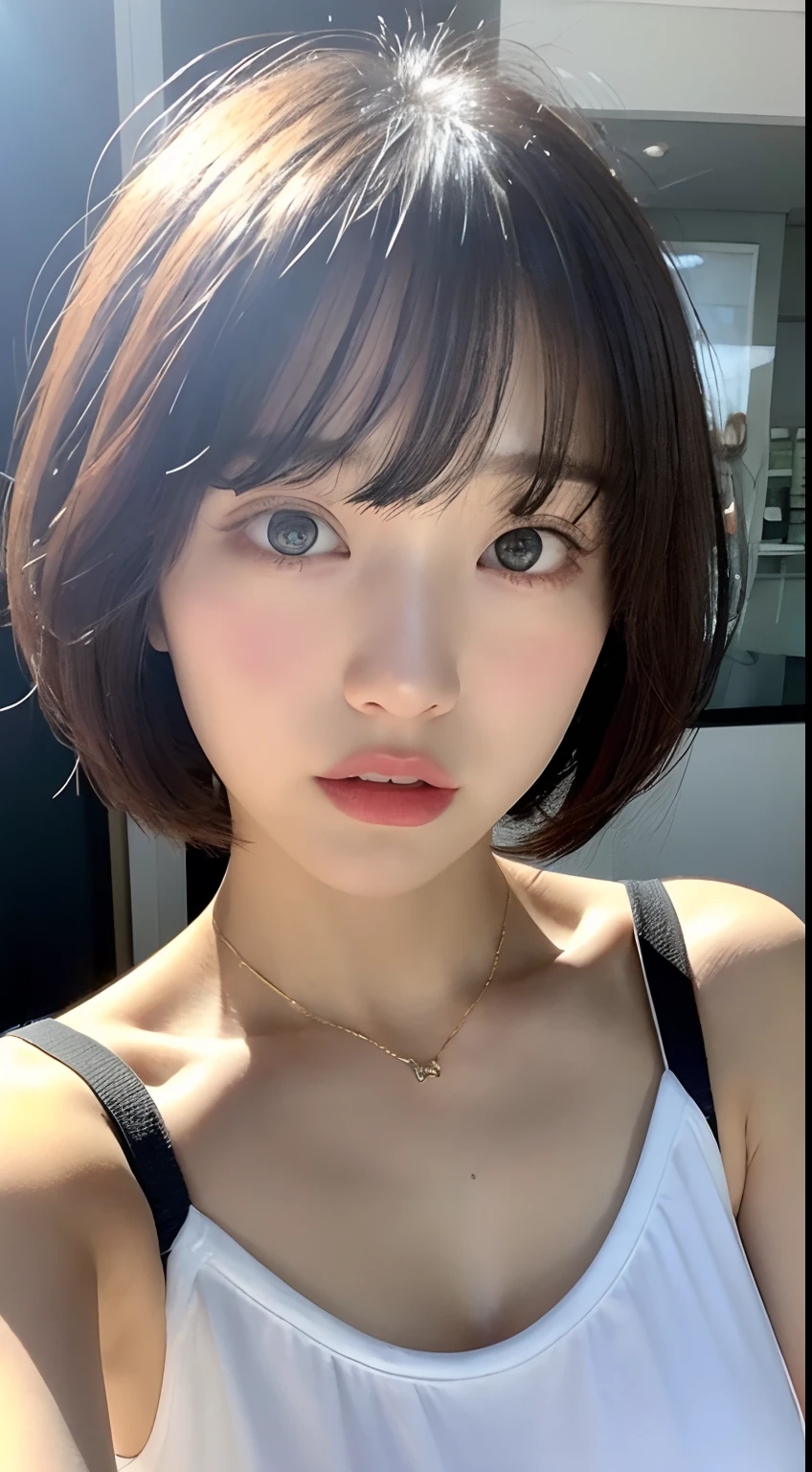 (1 cute Korean star), ((best quality, 8k, masterpiece: 1.3)), focus: 1.2, perfect body beauty: 1.4 , ((layered short hair: 1.2)), (night, street:1.3), highly detailed face and skin texture, fine eyes, double eyelids, whitening skin, (dress: 1.3), auditorium, selfie,
