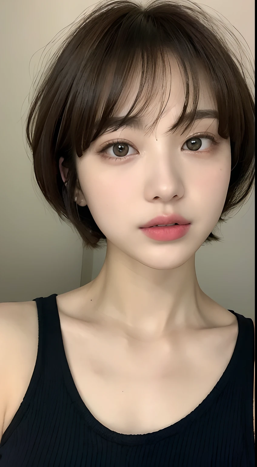 ((Best Quality, 8K, Masterpiece: 1.3)), 1 Girl, Slim Abs Beauty: 1.3, (Hairstyle Brown Hair Shortcut, Big: 1.2), Dress: 1.1, Super Slender Face, Delicate Eyes, Double Eyelids, Smile, Home, Raw Photo