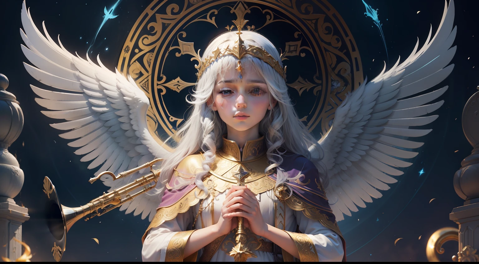 create a high-definition artistic representation of Archangel Gabriel. The imagedceve capture the majesty and divine presence of the Archangel, incorporando elementos tradicionais como suas asas, tunic and trumpet. Use vivid colors and minute details to highlight the spiritual and symbolic importance of Archangel Gabriel in religious tradition. Make sure the image conveys the sense of protection and guidance often associated with the Archangel."