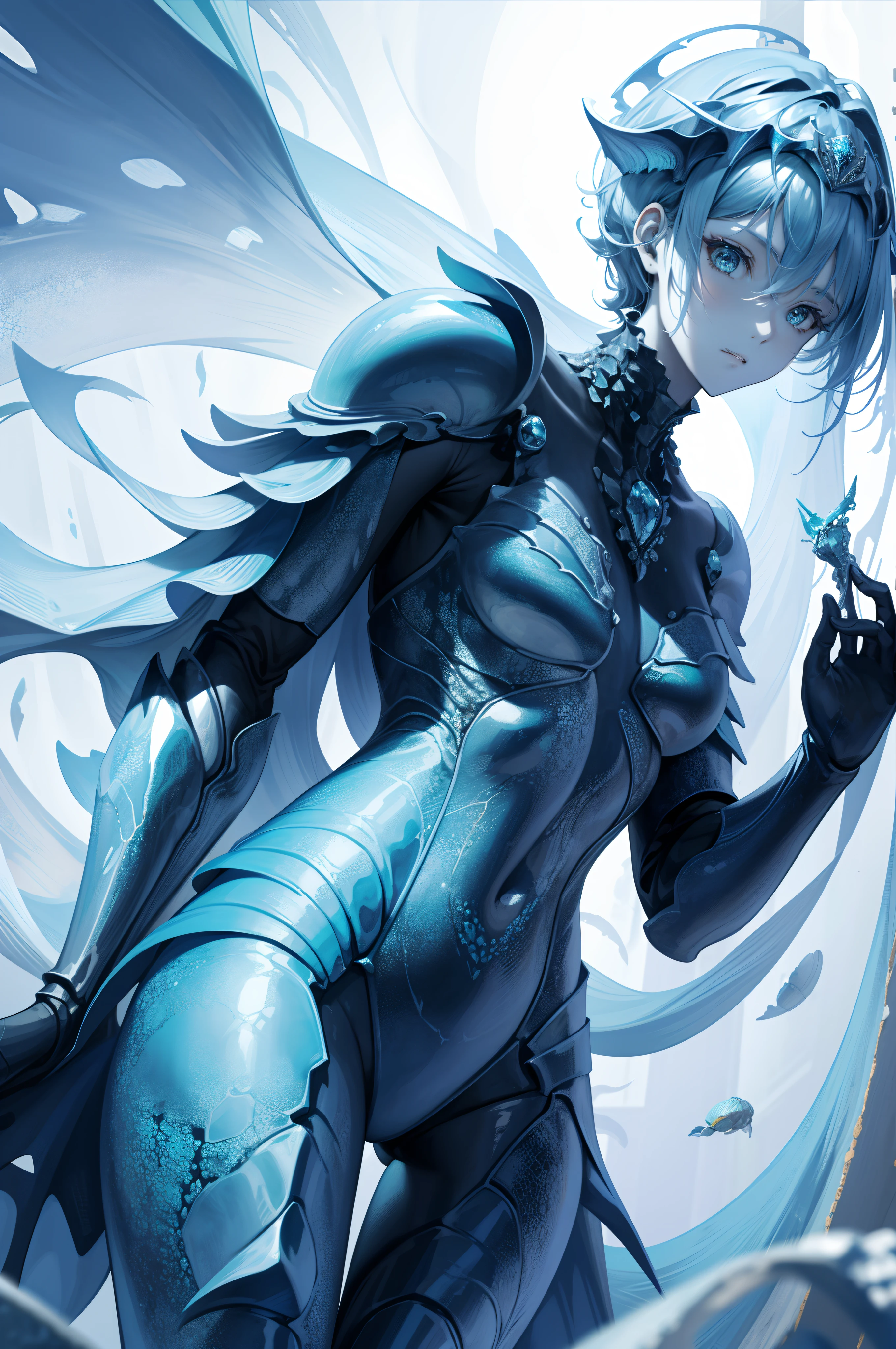 A crab, The whole body is aqua blue, There are thick and hard carapaces, Huge gradient clamps, In the deep sea, standing under the sea, Masterpiece, Textured skin, Super detail, High details, Award-Awarded, Best quality