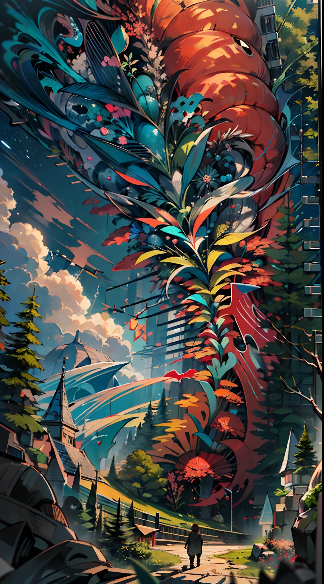 Monstruo gigante mirando hacia abjao en un paisaje de otro mundo,Gigante echo de fractales, Fractal infinito,fractal de Mandelbrot, divino, Figura imponente humanoide, masivo,escala masiba, mirando hacia abajo, de pie, inmenso, apocalyptic, colorido, iridiscente, obra maestra, 4k-resolution, detalles intrincados, dios,divino,ente superios echo de fractales,figuara imposible,geometria unica,