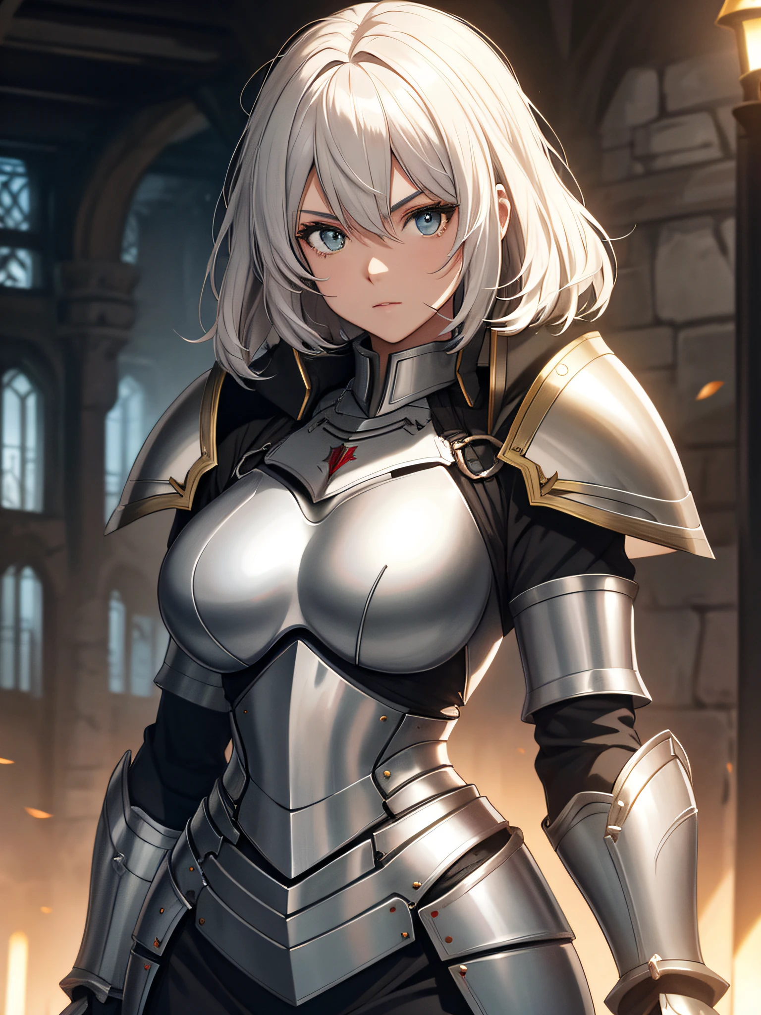 Female knight in armor,There is a light behind him,anime big breast,short detailed hair