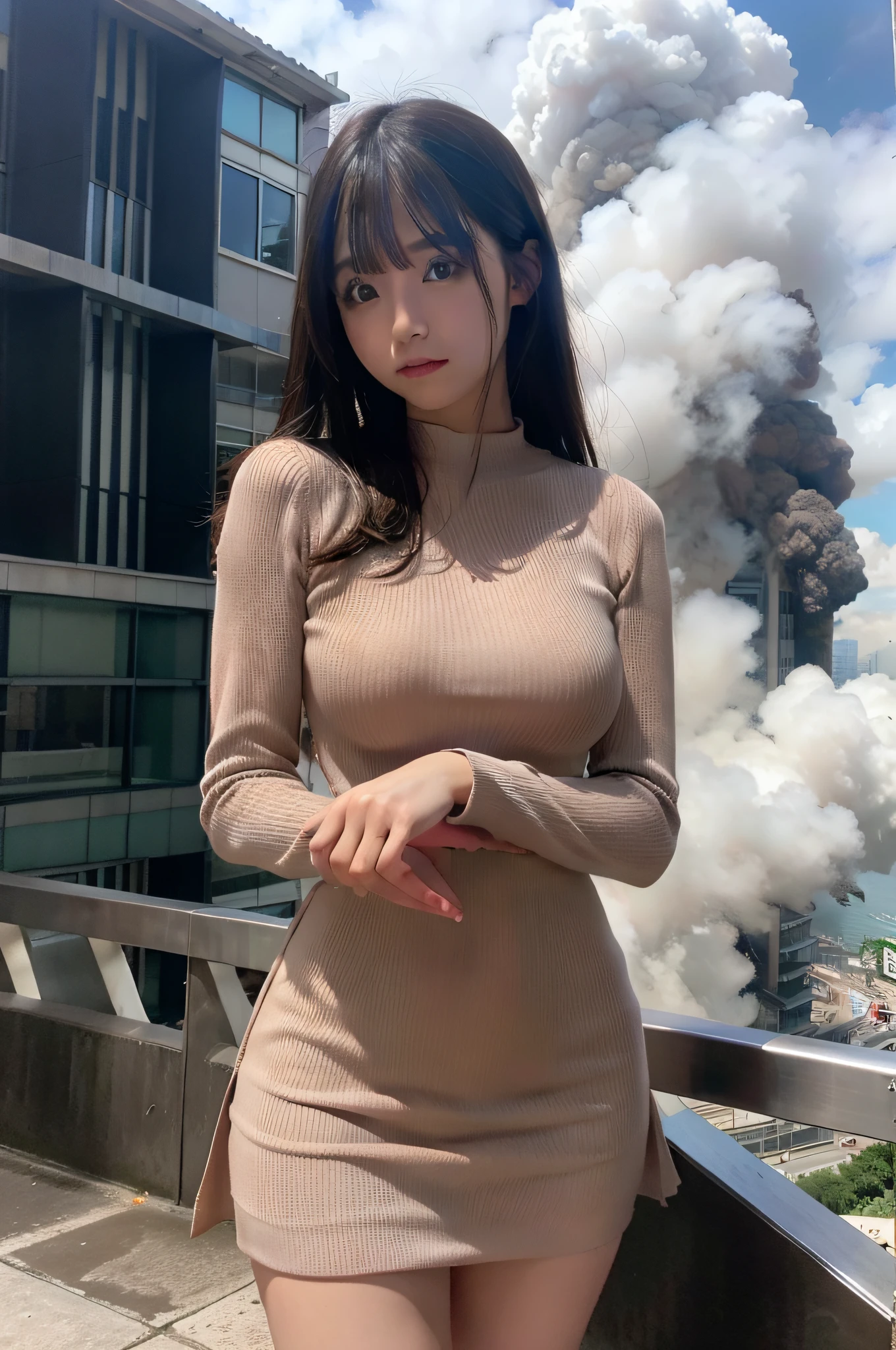 Giantess usando vestido curto de saia plissada, GTS cidade, City buildings, smoke billowing, nuvem, Evil, realistic lighting, salto alto, de baixo,