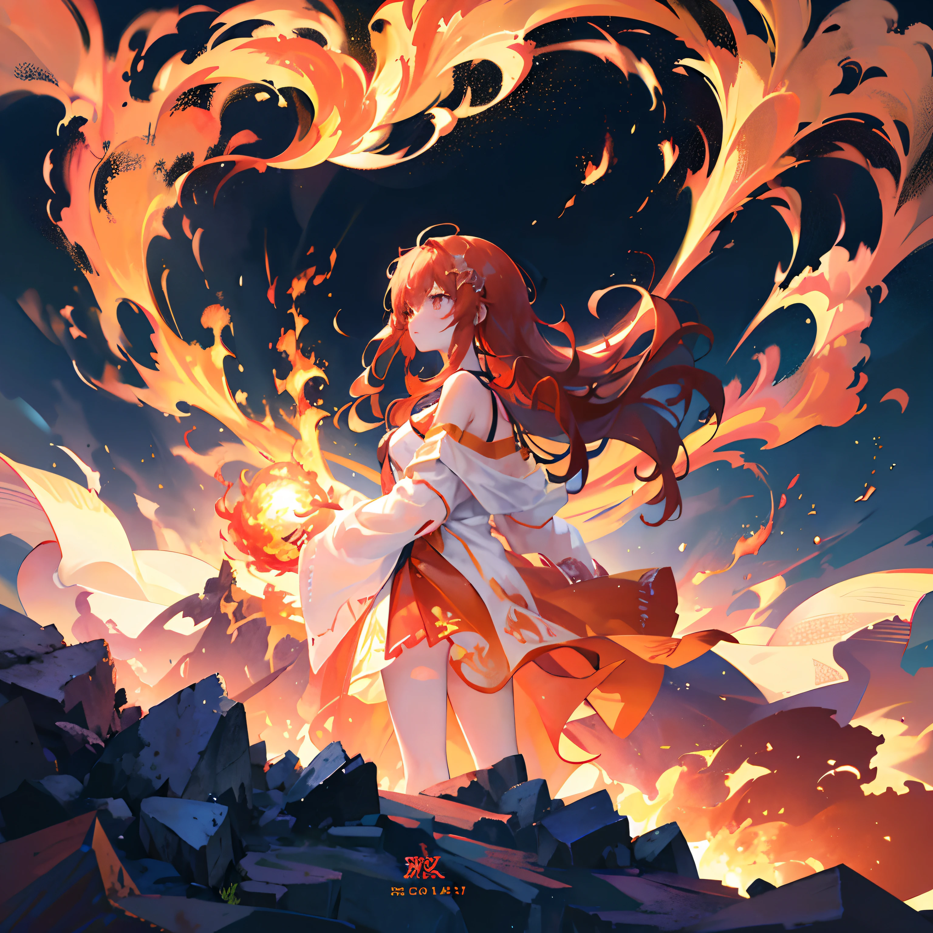 {1girll,独奏} (She stands in the middle of the desert),(Look into the distance),The wind ruffled her long hair,Her clothes also fluttered in the wind,She was expressionless,But there was determination and bravery in her eyes,(Long fiery red hair:1.2),Long hair,the hair flutters with the wind,Hair mixed with flames,(Fire red coat:1.2),(White T-shirt:1.2),Bare shoulders,Flowing skirt,Golden eyes twinkle with fire,White shoes,(Maiden in flames,Surrounded by flames),fiery flames,Crimson flame,There is fire in the hand,Look from the side,(Cover style),(dynamic scene,cinmatic lighting,light particules,Volumetriclighting,head to toe full body image),{{Best quality at best,extremely detaile,Unique,Delicate background,Masterpiece,Ultra-high resolution,Very detailed 8k wallpapers,Face Shadow,Fine beautiful face and eyes,depth of fields,ssee-through,}}