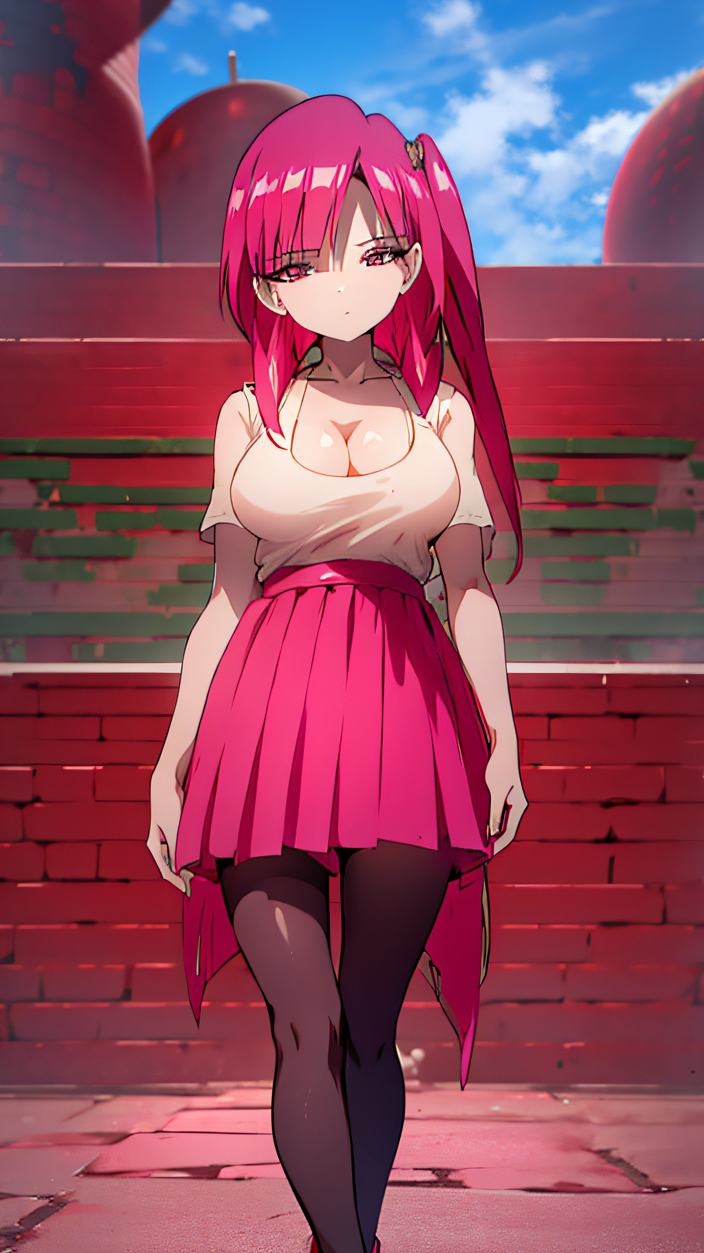 anime girl, alone, red hair, braids, pantyhose, happy, erotic, hentai, pink pleated skirt,looks at viewer, maidan square, kiev, serene, gothic dress, medium boobs, cleavage