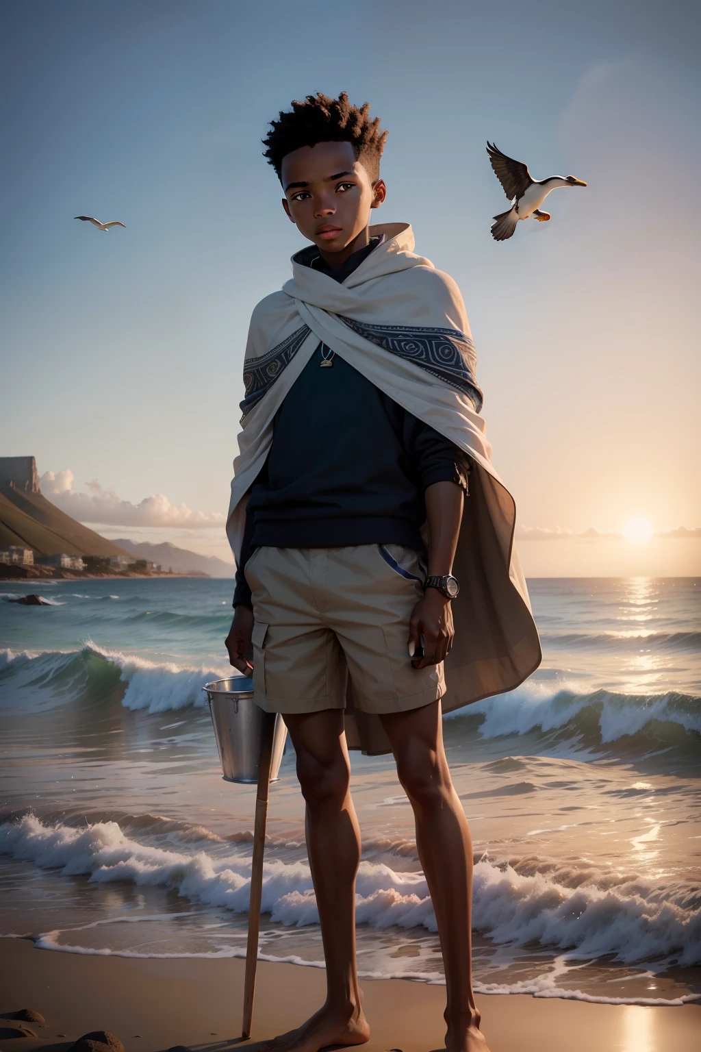 young African xhosa boy, handsome boy holding a long stick, holding a bucket, silver steel bucket of fish, he is stand on the beach, near the ocean with a beautiful Cape Town sunset with bright colours, blue sky, African penguin on the beach, cape gannet flying in the air, birds flying, realistic image, photo real, cinematic view, dramatic scene, shot with HD canon camera