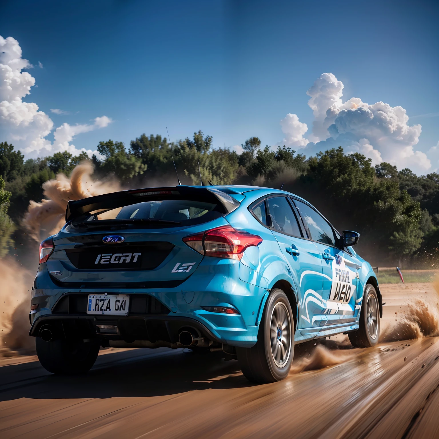 "Ford Focus Rally configuration, Intense action, adrenalinefilled, Mud splashes, High-speed stimulation, Rally cars fly in the dirt, Powerful engine roar, Precise operation, Dynamic angles, dust cloud, Sharp, A race against time，leap。"