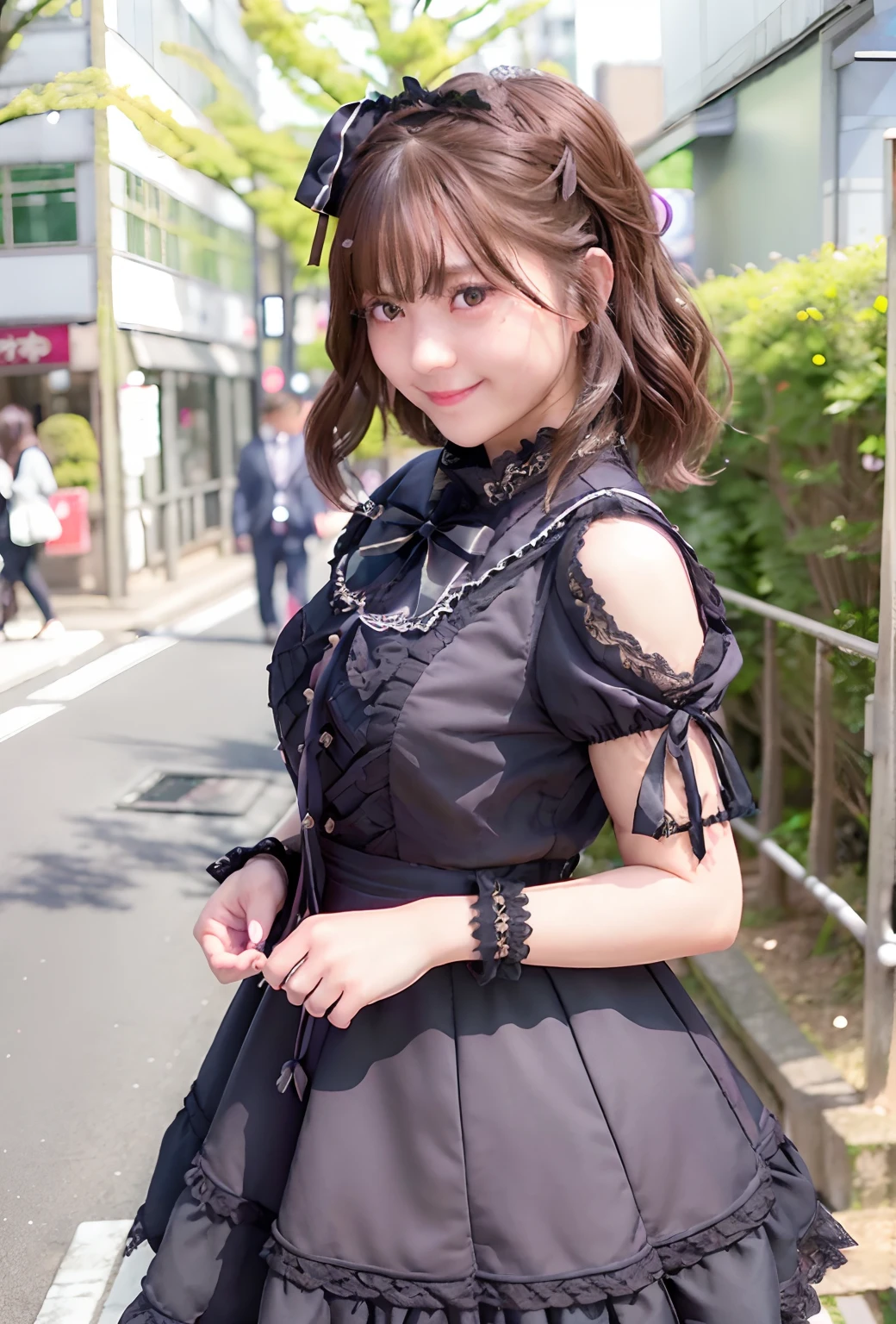 (Realistic:1.3), Finely detailed, quality, Rembrandt lighting, (masutepiece:1.2), (Photorealistic:1.2), (Best Quality), (Detailed skin:1.3), (Intricate details), Dramatic, Ray tracing, 1girl in, japanaese girl, 25-years old、Smiling, twin-tail hair, Twin Loop Hair, Parted bangs, large full breasts, jirai fashion, Gothic ta Fashion、Short dress, frilld, Lace, bow ribbon, Convoluted, (on tokyo street, Harajuku, A clear day), NSFW,