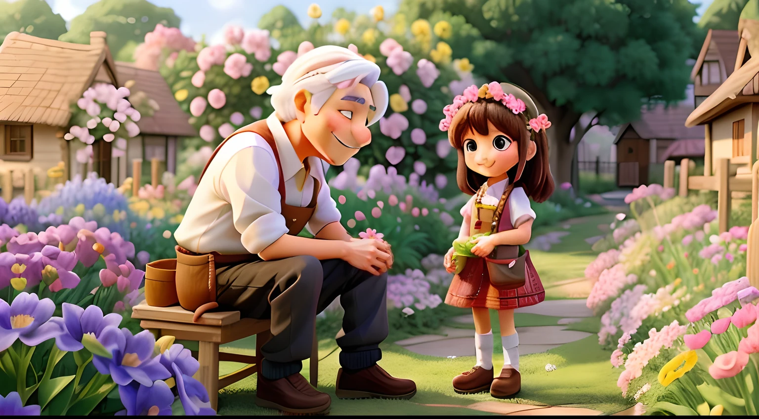 Anime picture of a middle-aged gardener talking to a cute girl smiling in a village garden, with very beautiful flowers of various kinds around them, numerous flowers, space is filled with flowers, no buildings just flowers, many many flowers, various flowers of varying colours