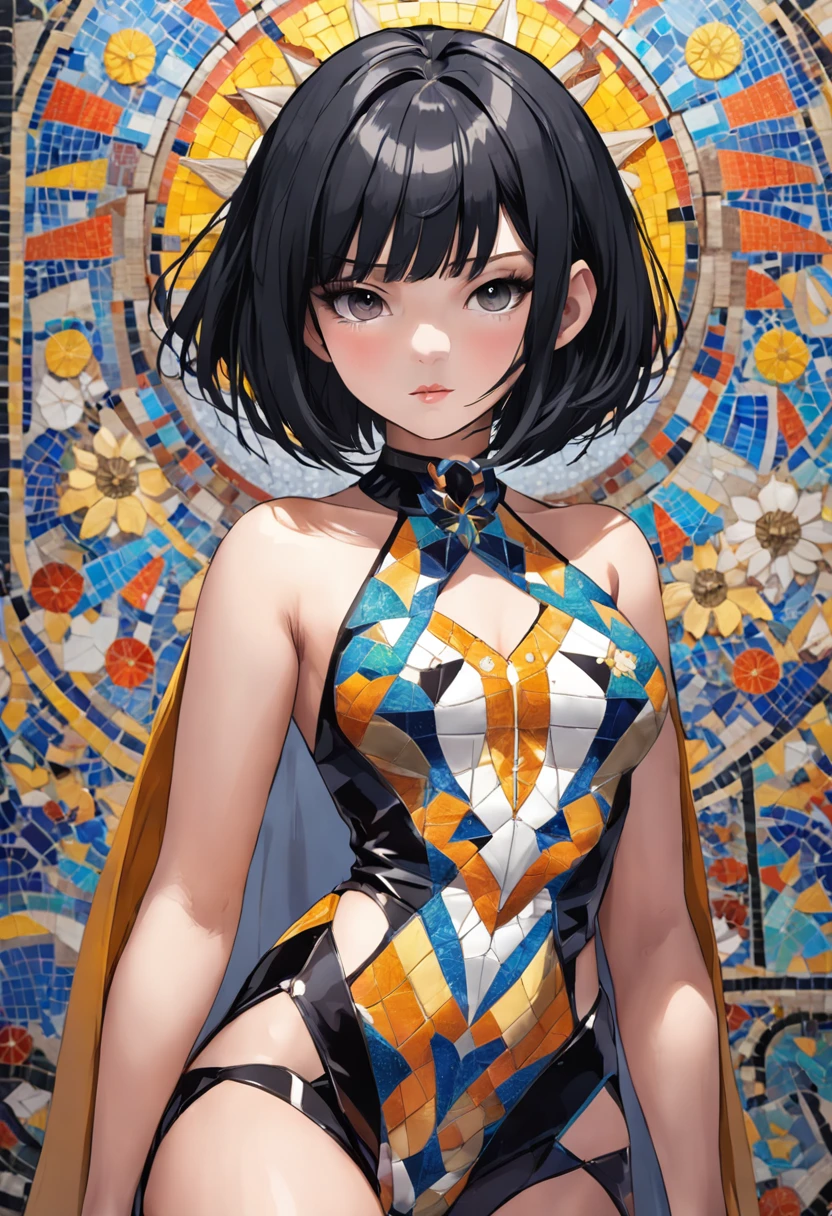 Full length portrait of a beautiful girl with black hair bob cut wearing a costume with a deep slit::style Mosaic、colourfull、high-detail、Photorealsitic、highcontrast