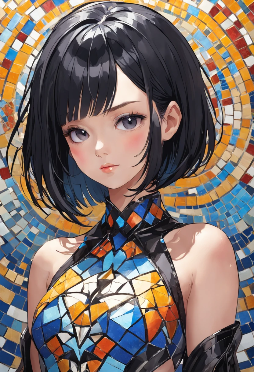 Full length portrait of a beautiful girl with black hair bob cut wearing a costume with a deep slit::style Mosaic、colourfull、high-detail、Photorealsitic、highcontrast