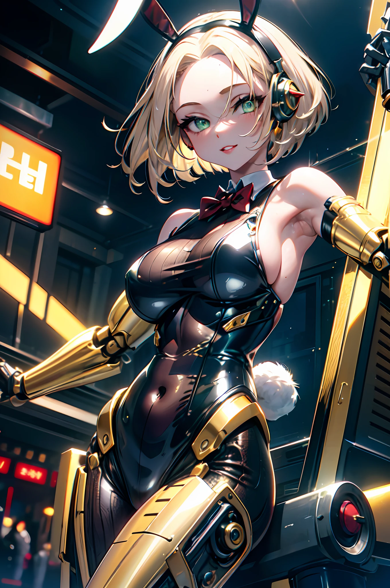 beautiful mechanical woman, solo, (half closed eyes, green eyes), (masterpiece eyes:1.3), BREAK, seductive smile, (mechanical bunny girl: 1.3), (black exoskeleton leotard: 1.3), (golden color mechanical joints, mechanical arms, mechanical legs:1.3), (exposed armpits), BREAK, (long eyelashes, red lips), bowtie, rabbit ear headphones, rabbit tail, (blonde hair, bob cut), (forehead:1.3), BREAK, Flat_Chest, Huge_breasts, wide_lower back, (5fingers, 4fingers and 1thumb), BREAK, cyberpunk, (bar), bar counter and round chairs, wine, whiskey, bourbon, neon signboard, (arms behind back), Masterpiece, best quality, captures a super cute moment, depth of field, ultra detailed, ultra high resolution, C4D, Octadale, 3D modeling, 8k, 16k,